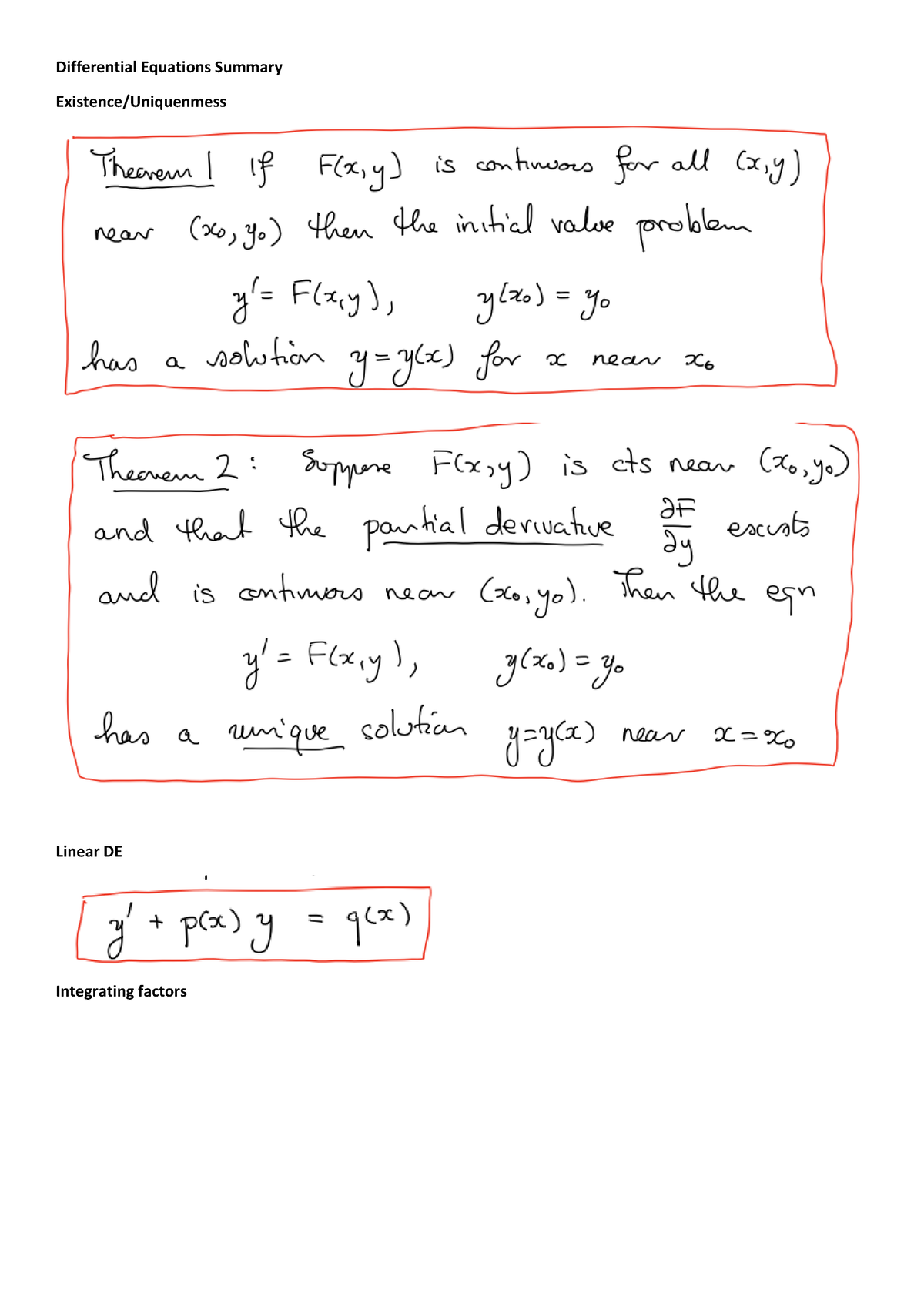 Differential Equations Summary Differential Equations Summary Existence Uniquenmess Linear DE