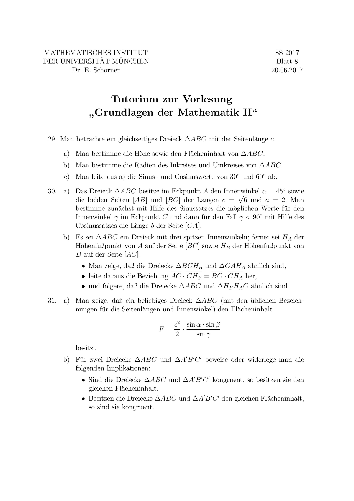 Grundlagen 2 Tutorium 8 - MATHEMATISCHES INSTITUT ¨ MUNCHEN ¨ DER ...