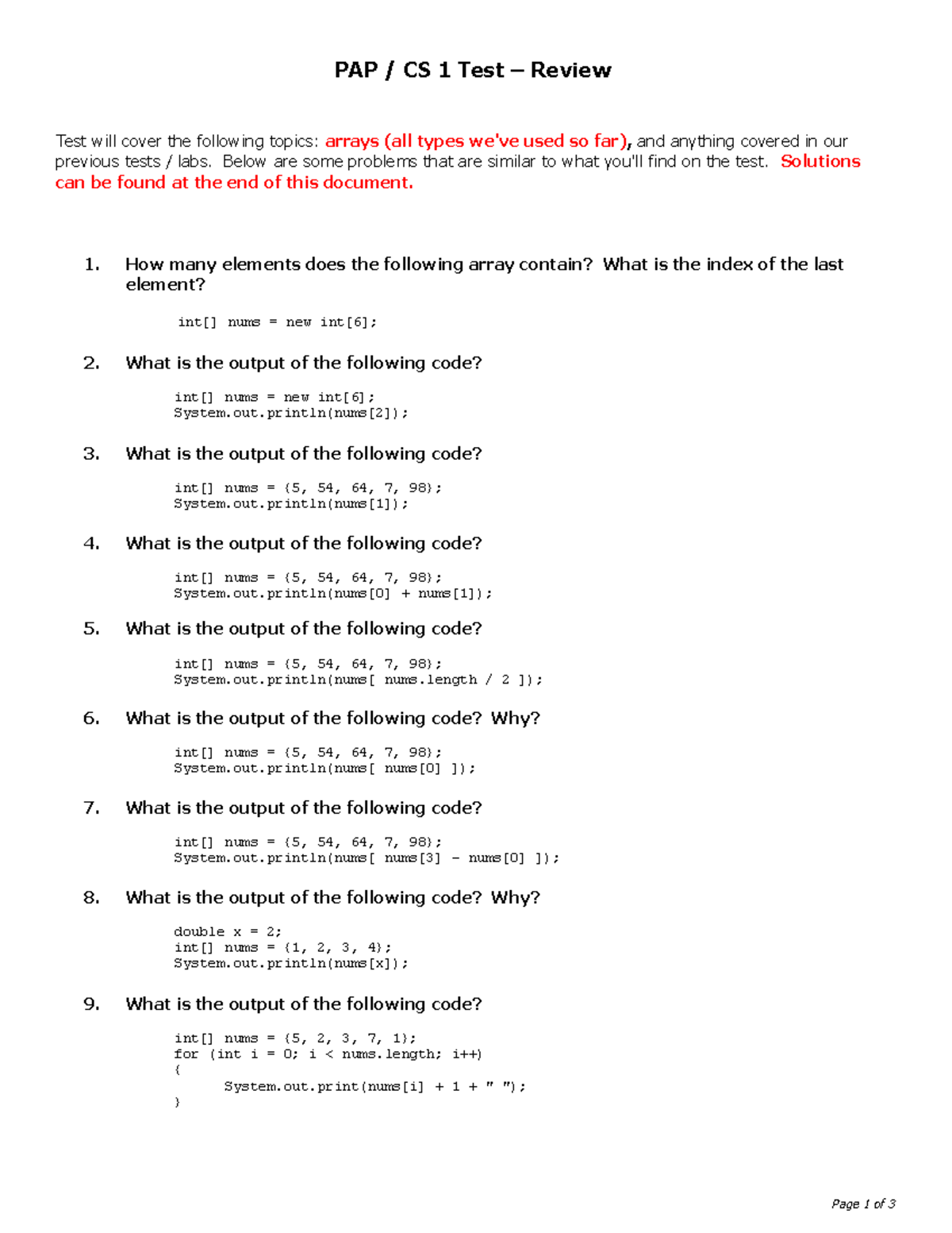 Array Test Review - sfghhhhh - PAP / CS 1 Test – Review Test will cover ...