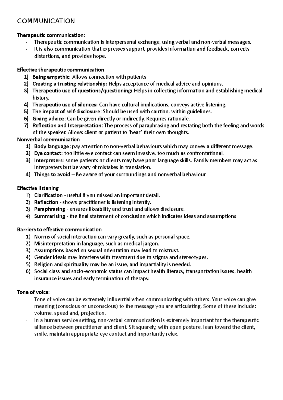 Communication - NOTES - COMMUNICATION Therapeutic communication ...
