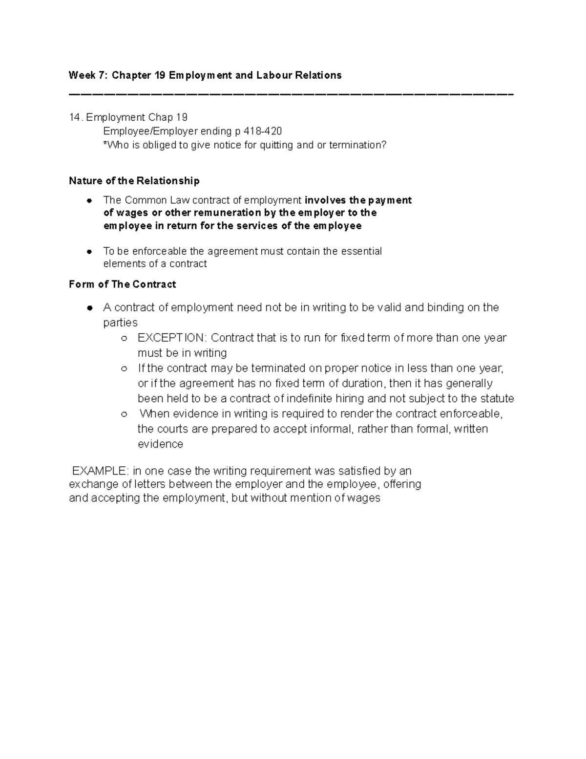 Week 7 - Notes - Week 7: Chapter 19 Employment and Labour Relations ...