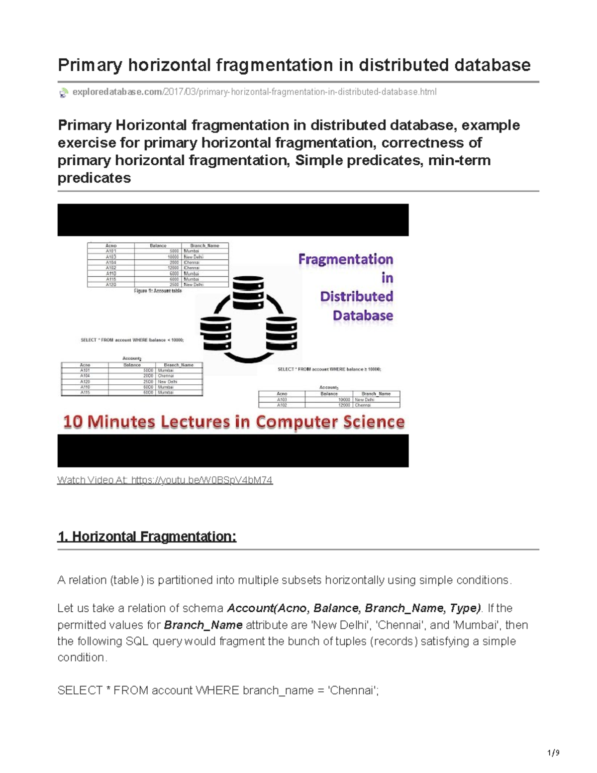 Exploredatabase com Primary horizontal fragmentation in distributed ...