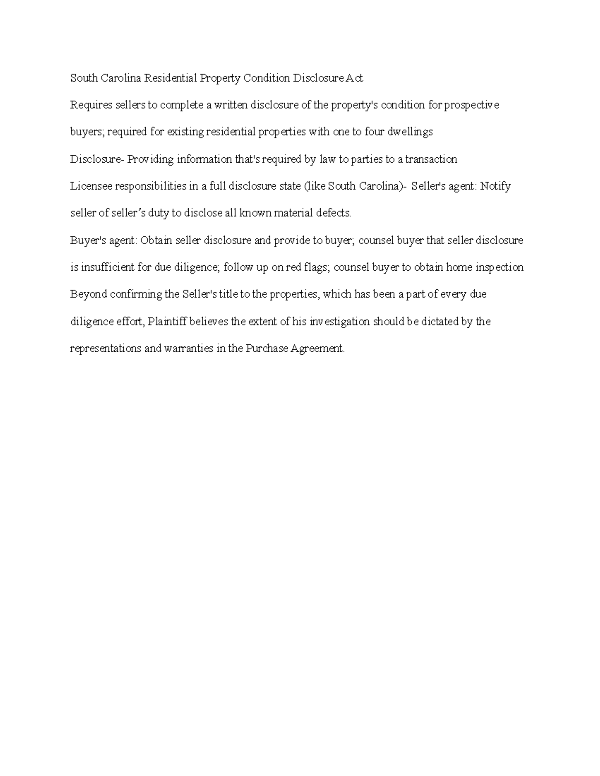 South Carolina Residential Property Condition Disclosure Act ʼ Buyer