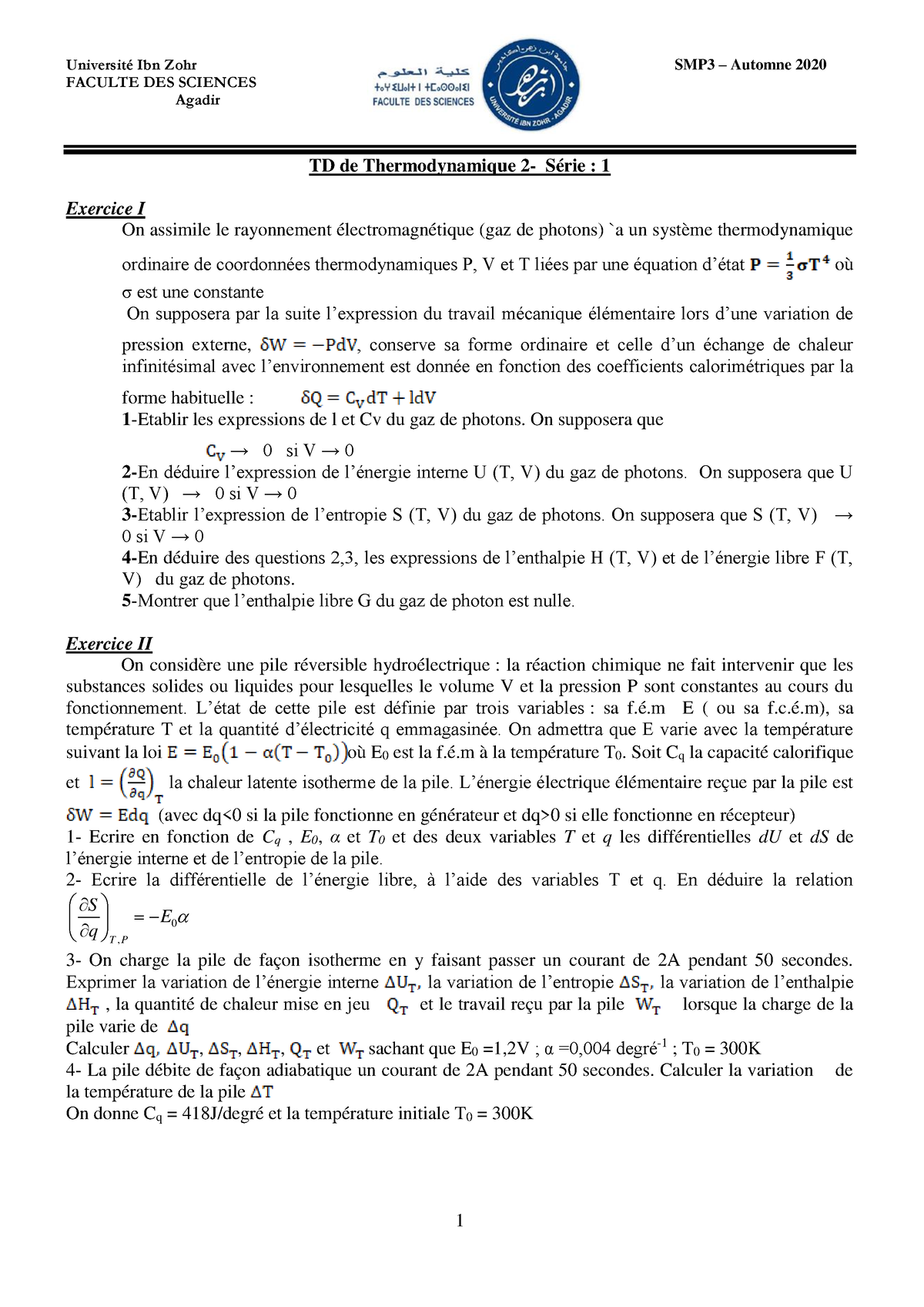 Série 1-TD De Thermodynamique 2-SMP3-Automne 20210 - L. Bouirden ...