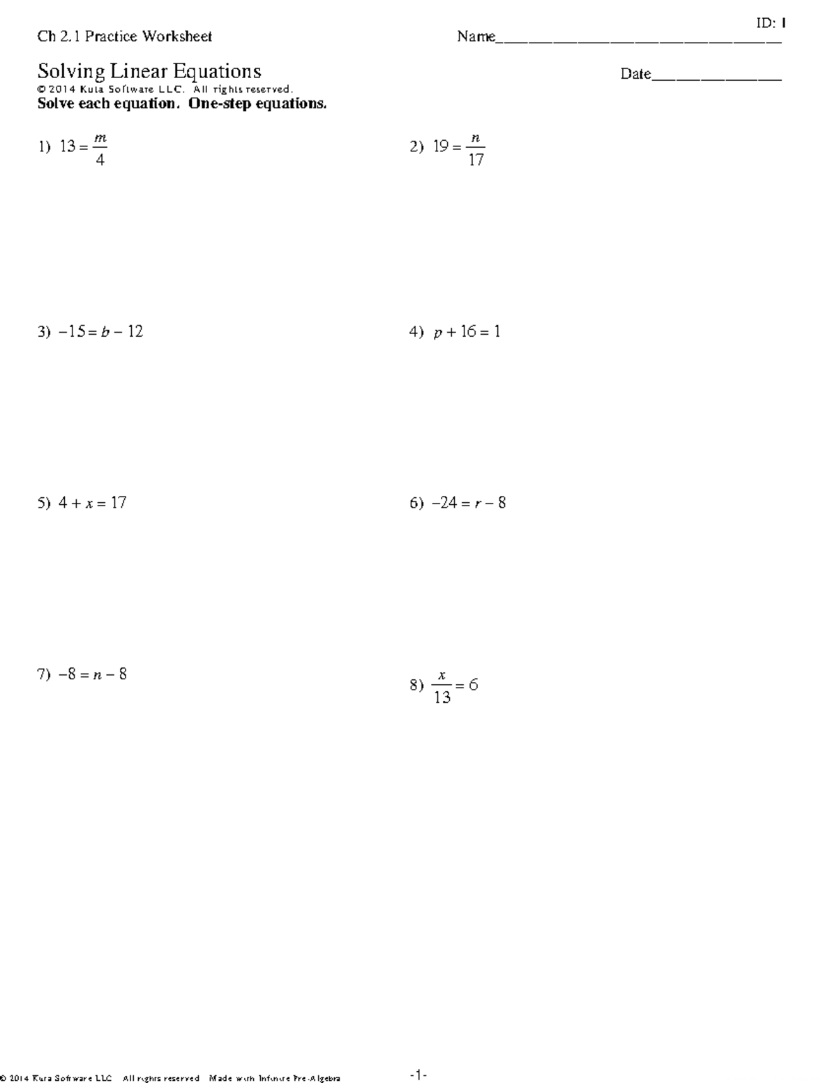 Ch 2.1 Practice Worksheet - Solving Linear Equations - ©c T 2 d 0 p 1 Y ...