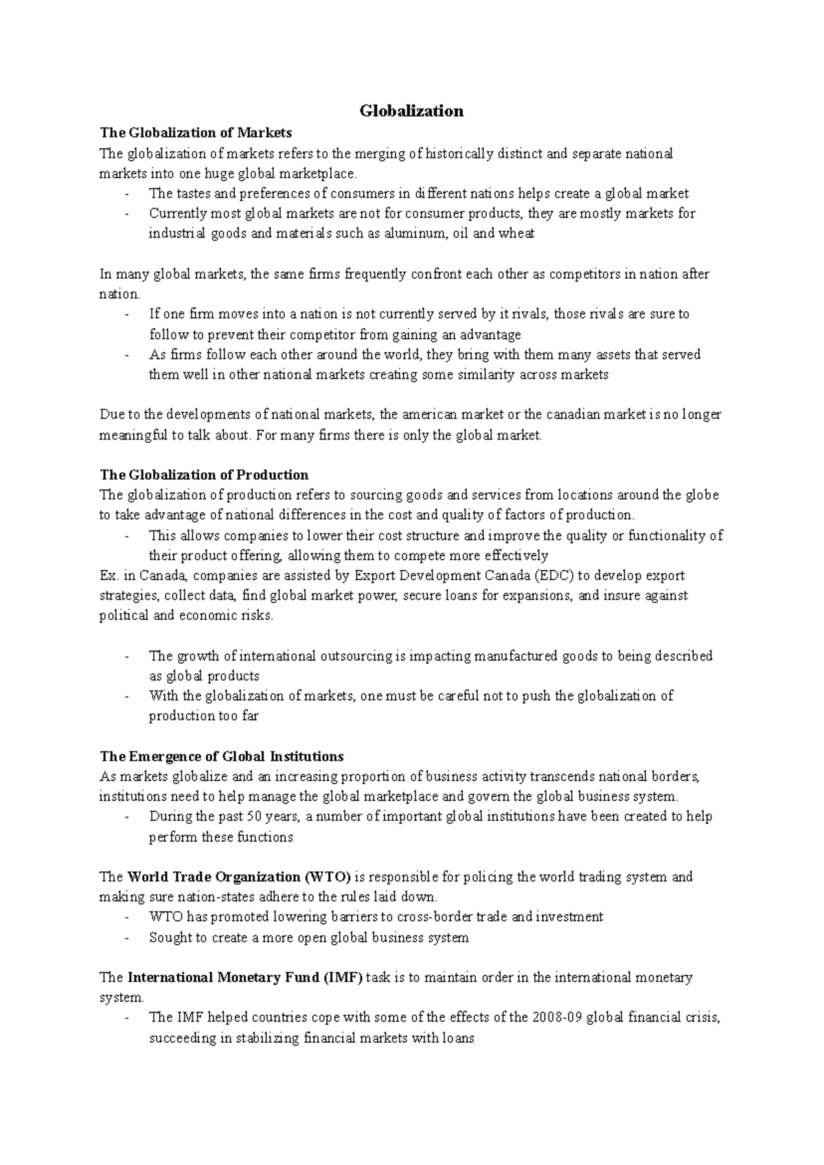 Chapter 1 Global Business Enviroment Notes - Globalization The ...
