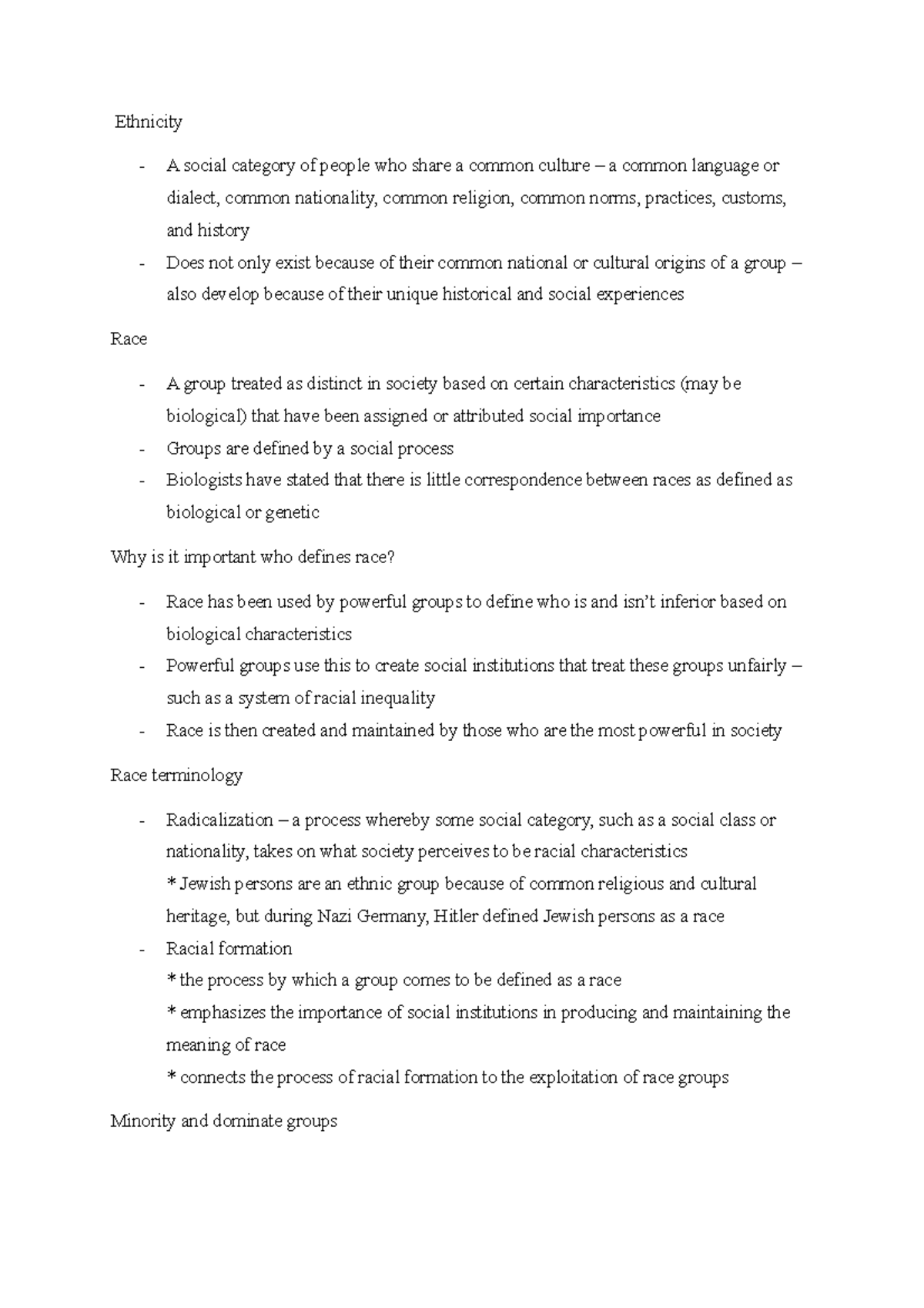 Chapter 10 lecture notes - Ethnicity A social category of people who ...