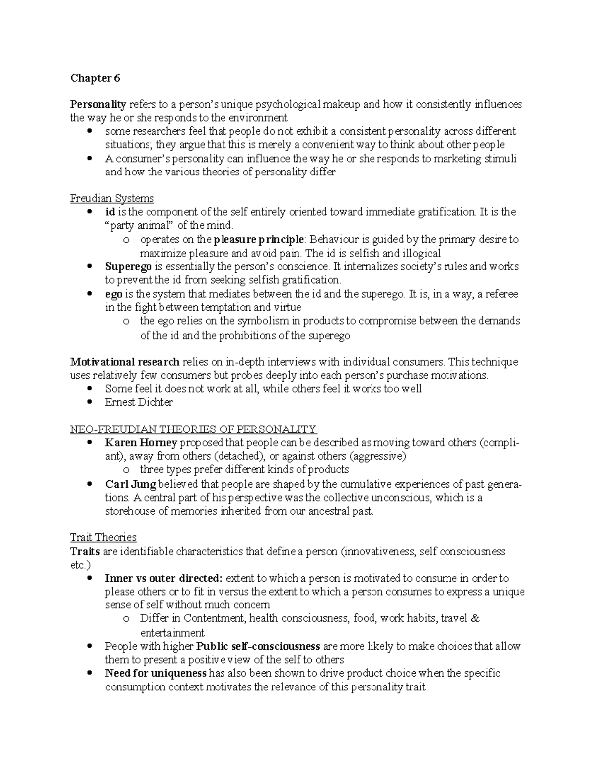 Chapter 6 - Consumer Behaviour - Chapter 6 Personality refers to a ...