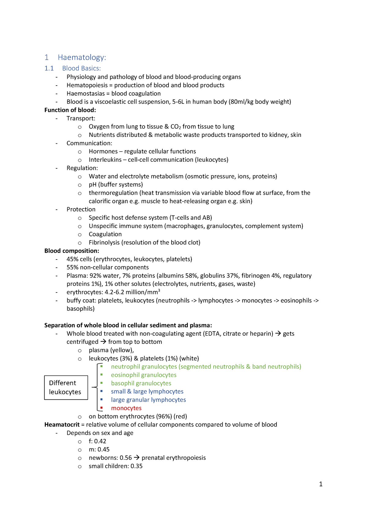 Summary Vascular Biology 1 Haematology 1 Blood Basics Physiology