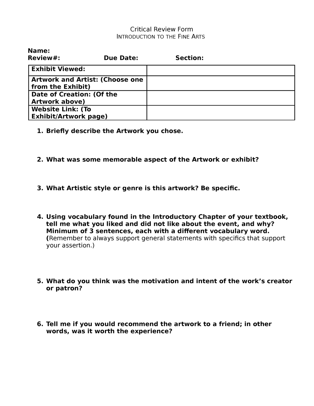 Art Critical Review 2 2 Critical Review Form Introduction To The Fine Arts Name Review Due