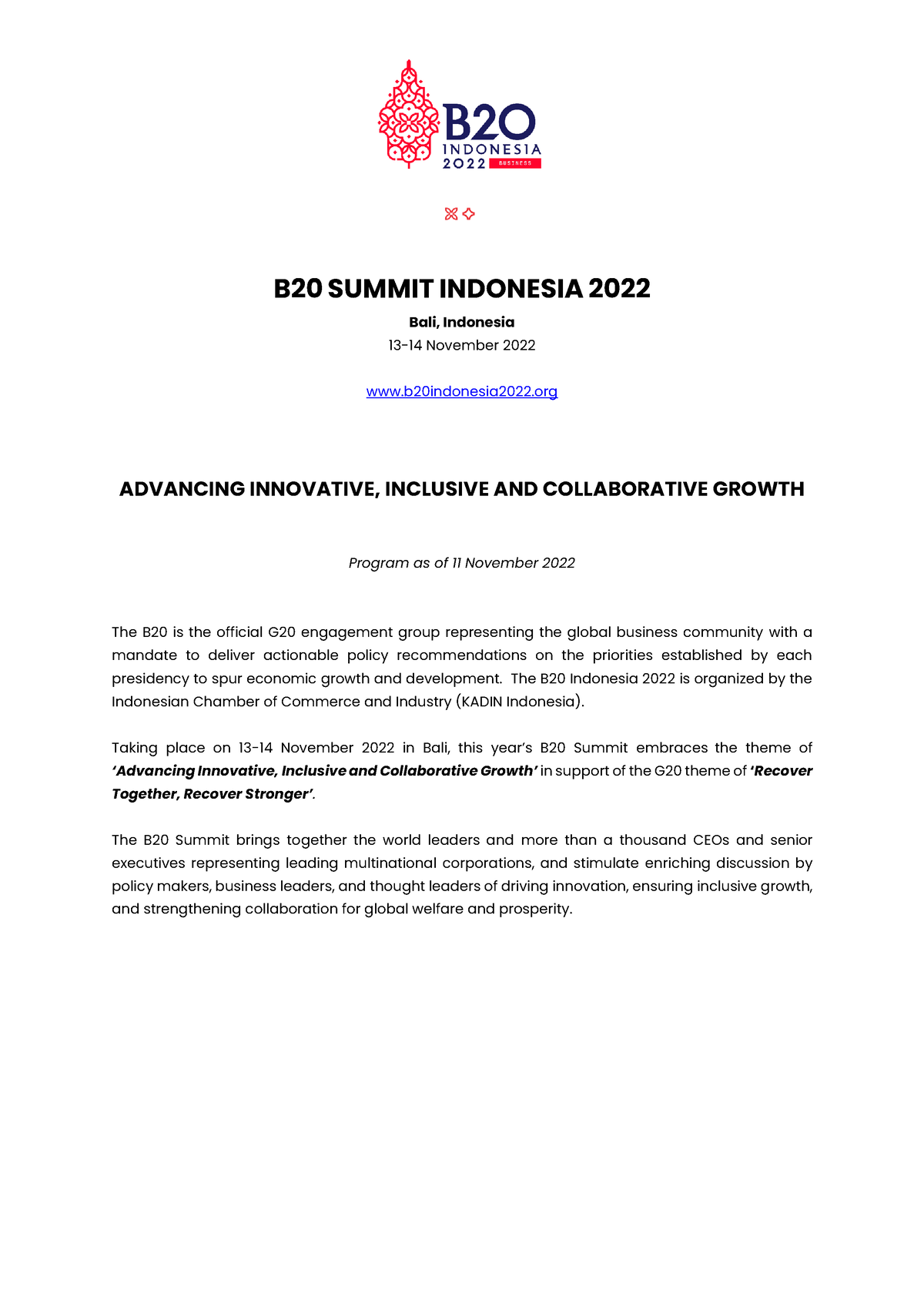 B20 Summit - Public Program - B20 SUMMIT INDONESIA 2022 Bali, Indonesia ...