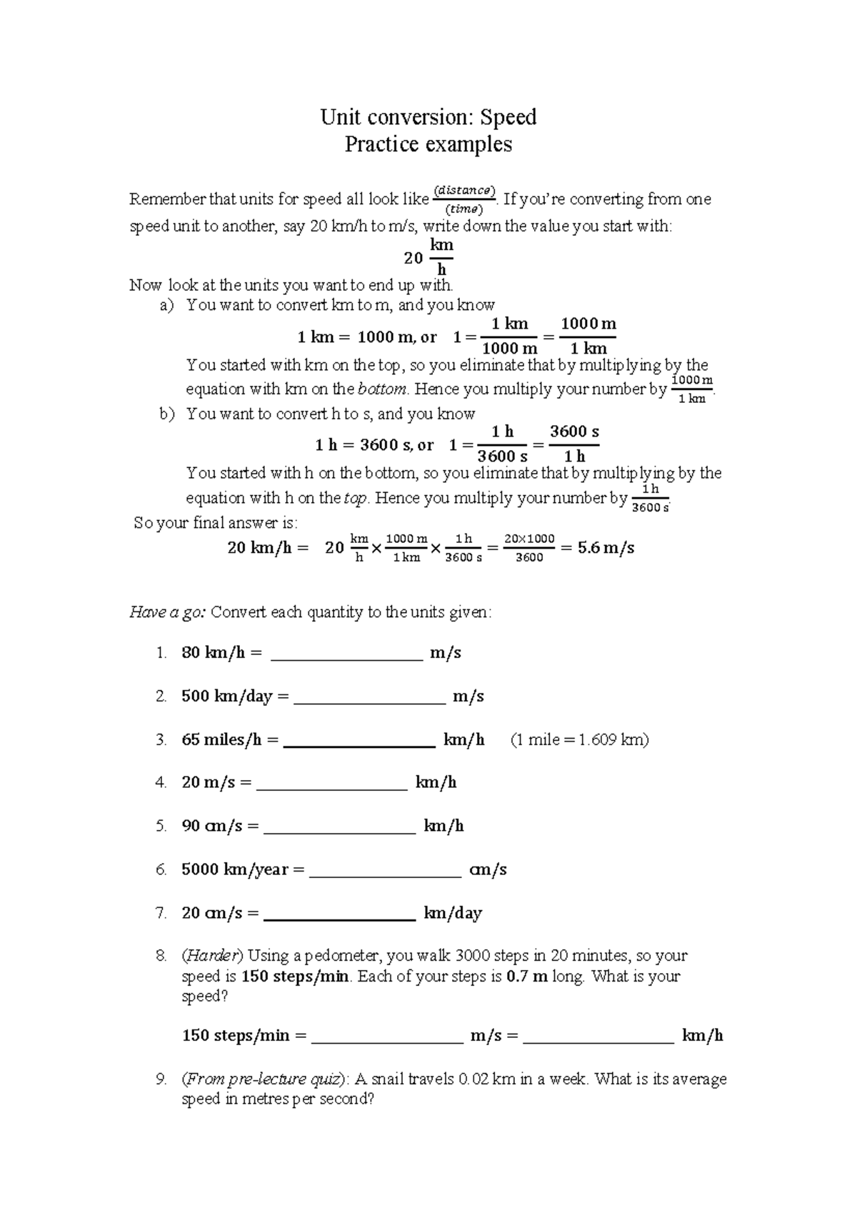 Speed unitconversionexamples Unit conversion Speed Practice