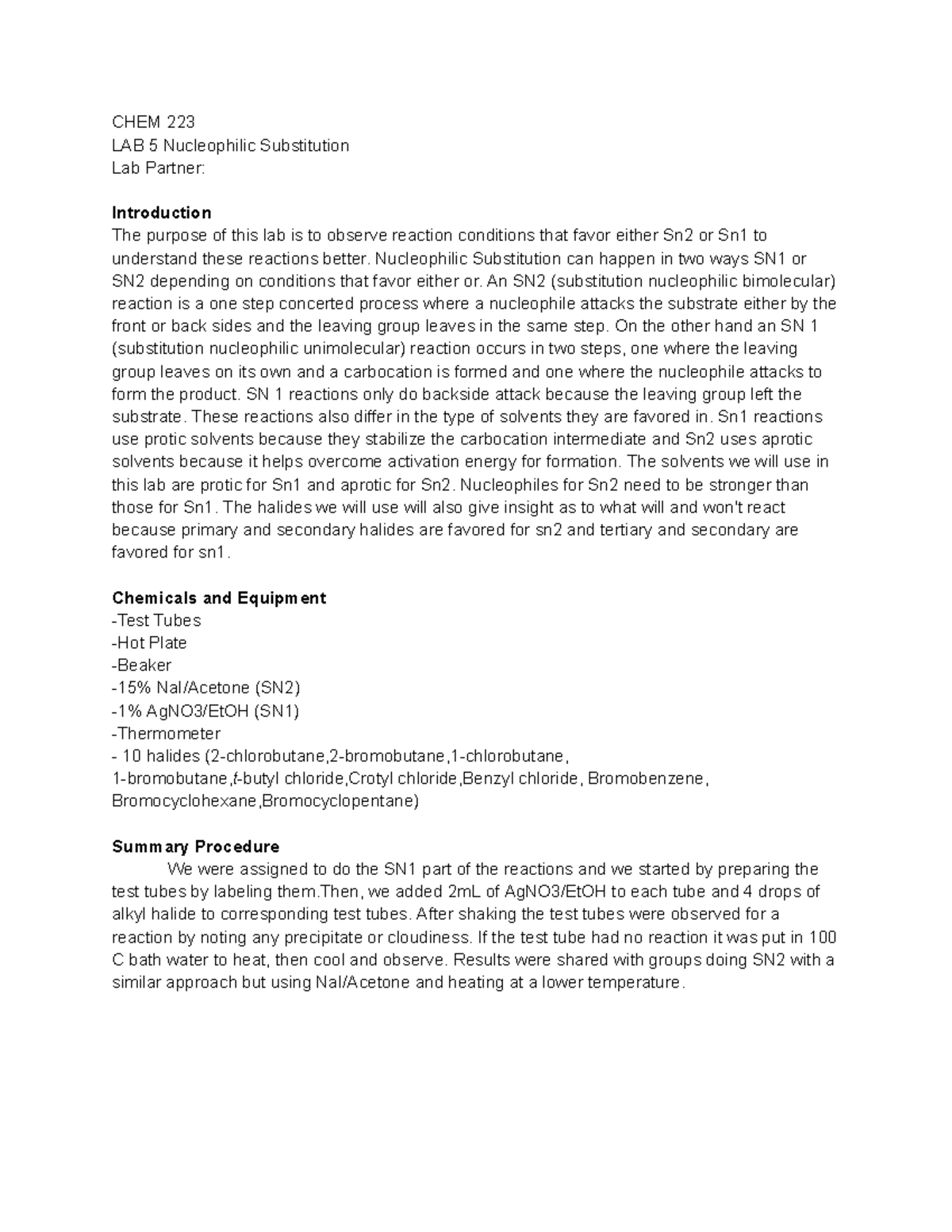 Nucleophilic substitution - CHEM 223 LAB 5 Nucleophilic Substitution ...