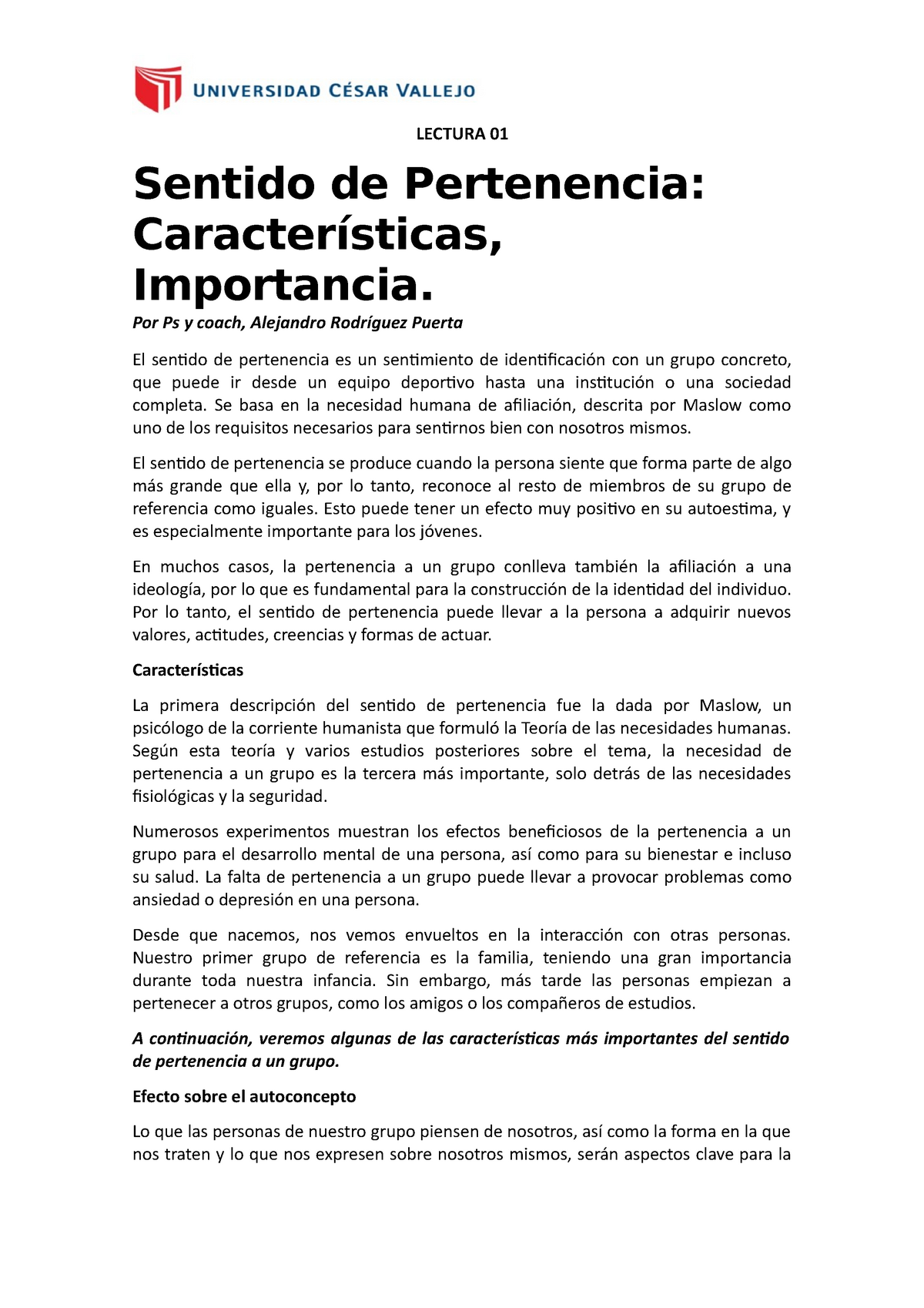 2° Lectura 01 - LECTURA 01 Sentido De Pertenencia: Características ...