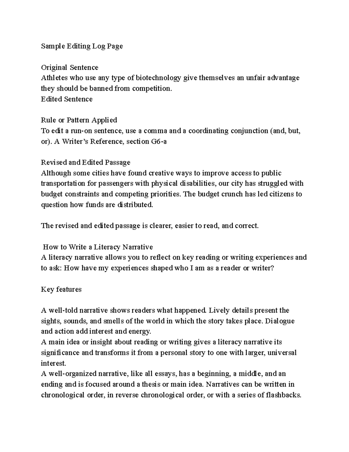 Rhetoric and Composition notes 7 Sample Editing Log Page Original Sentence Athletes who use