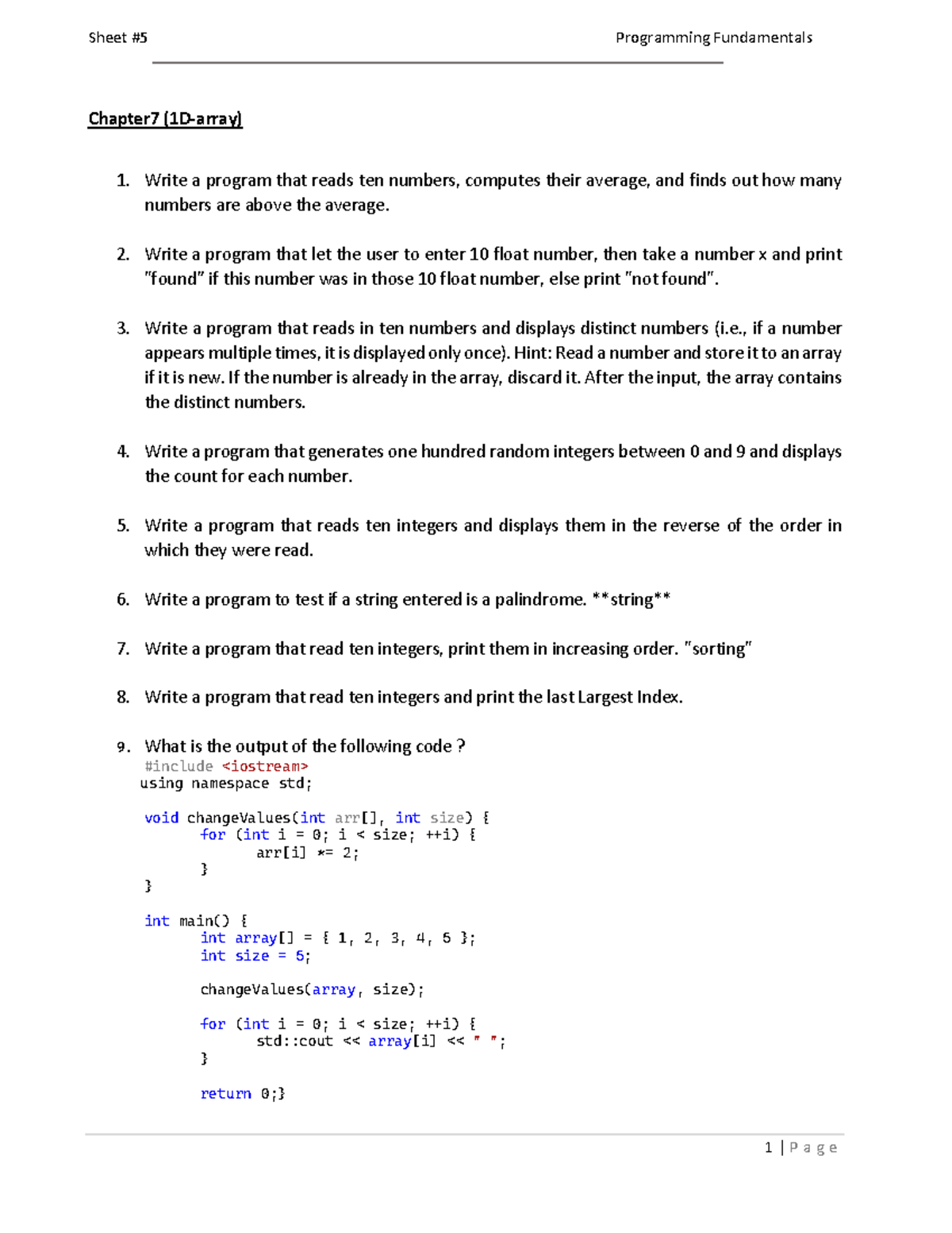 Sheet 5 - test - Sheet # 5 Programming Fundamentals 1 | P a g e Chapter ...
