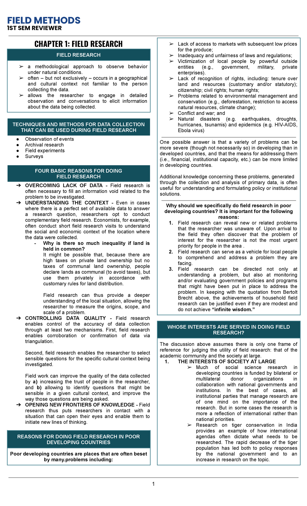 FM Reviewer - 1ST SEM REVIEWER CHAPTER 1: FIELD RESEARCH FIELD RESEARCH ...