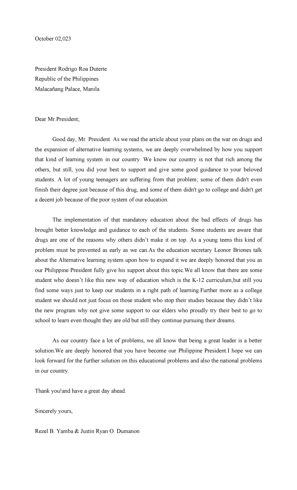 A-letter - just nothing - October 02, President Rodrigo Roa Duterte ...