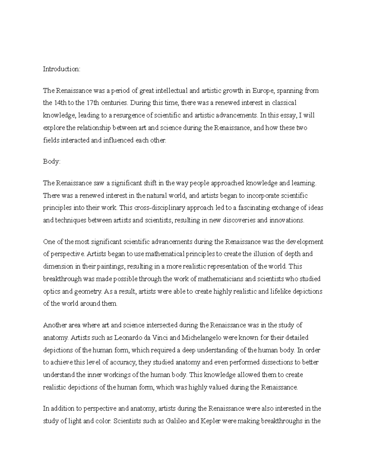 Title "The Relationship Between Art and Science in the Renaissance