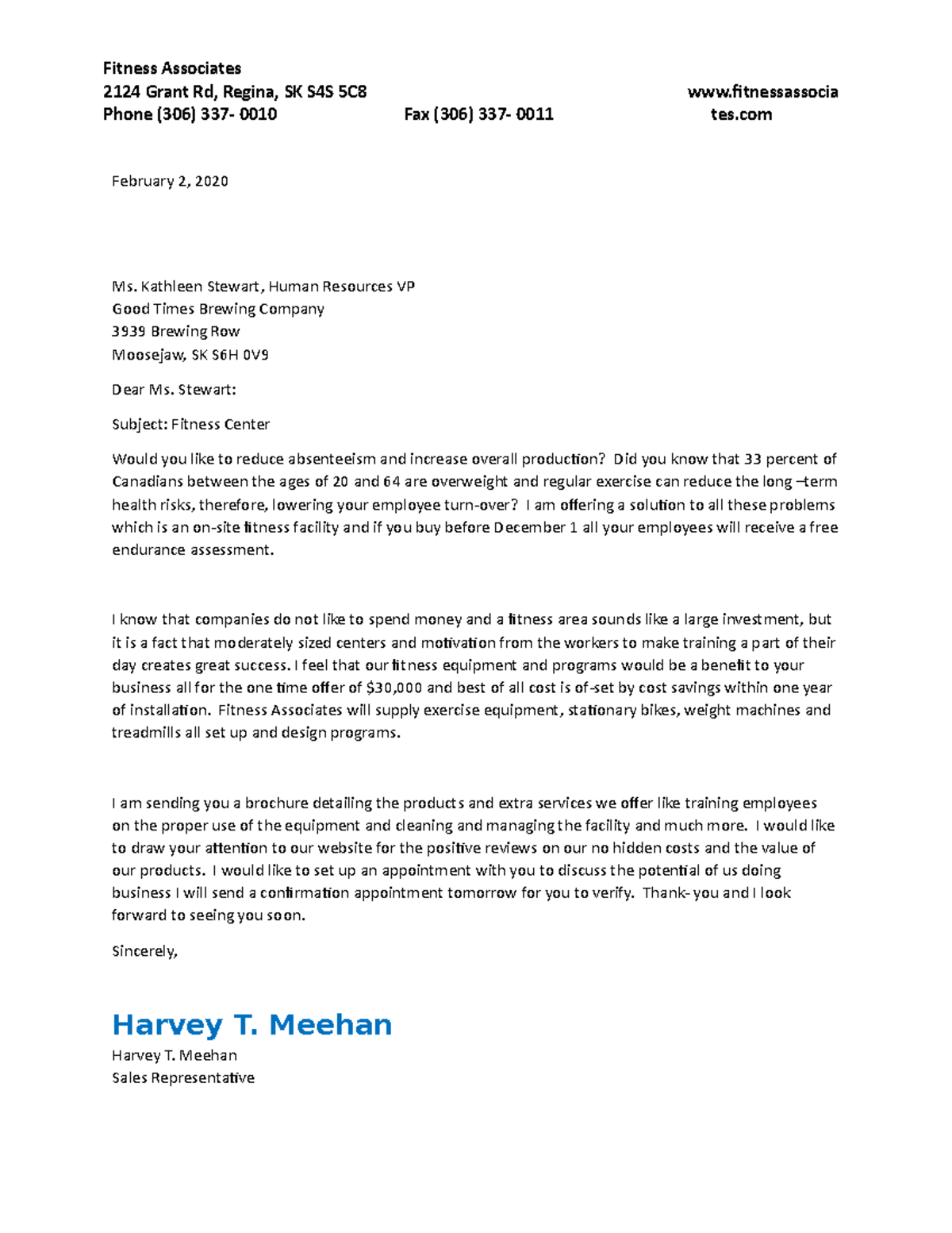 Meehan Harvey CM1241 Sales Letter F20 - Fitness Associates 2124 Grant ...