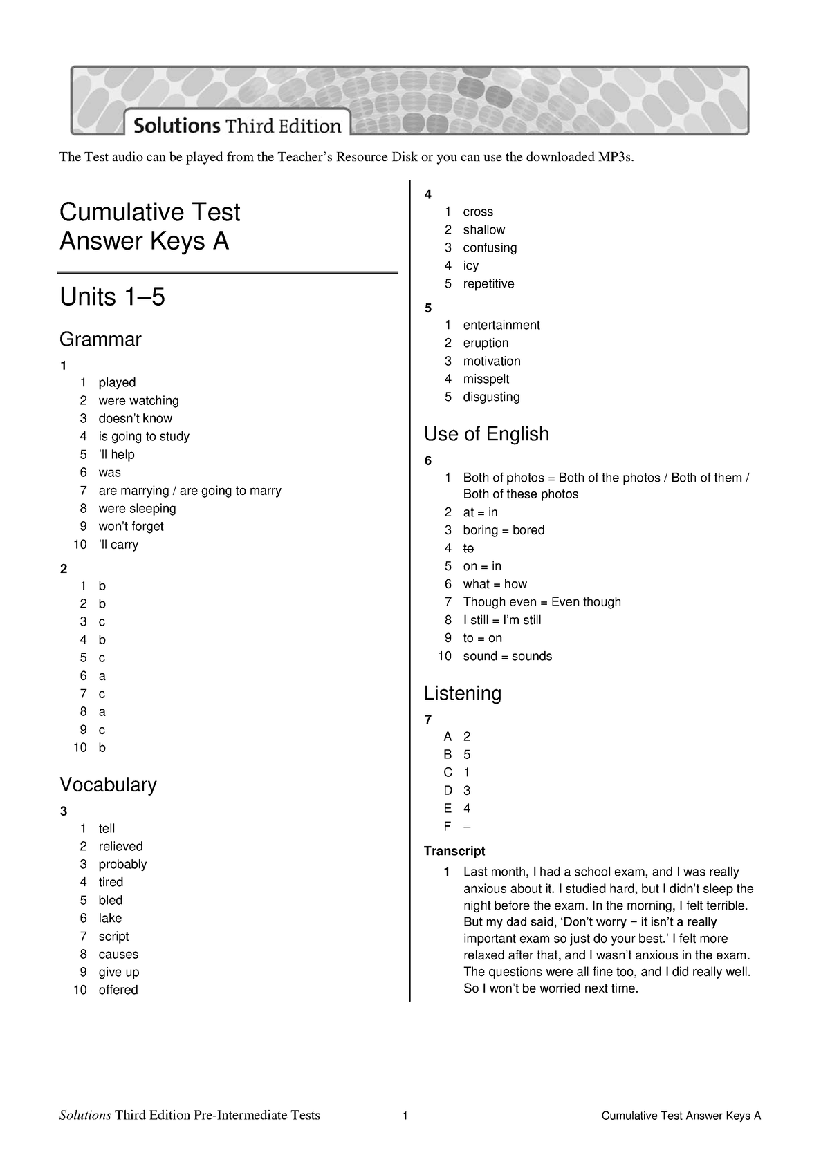 Sol3e preint cumulative test answer keys a - Cumulative Test Answer Keys A  Units 1– Grammar 1 1 - Studocu