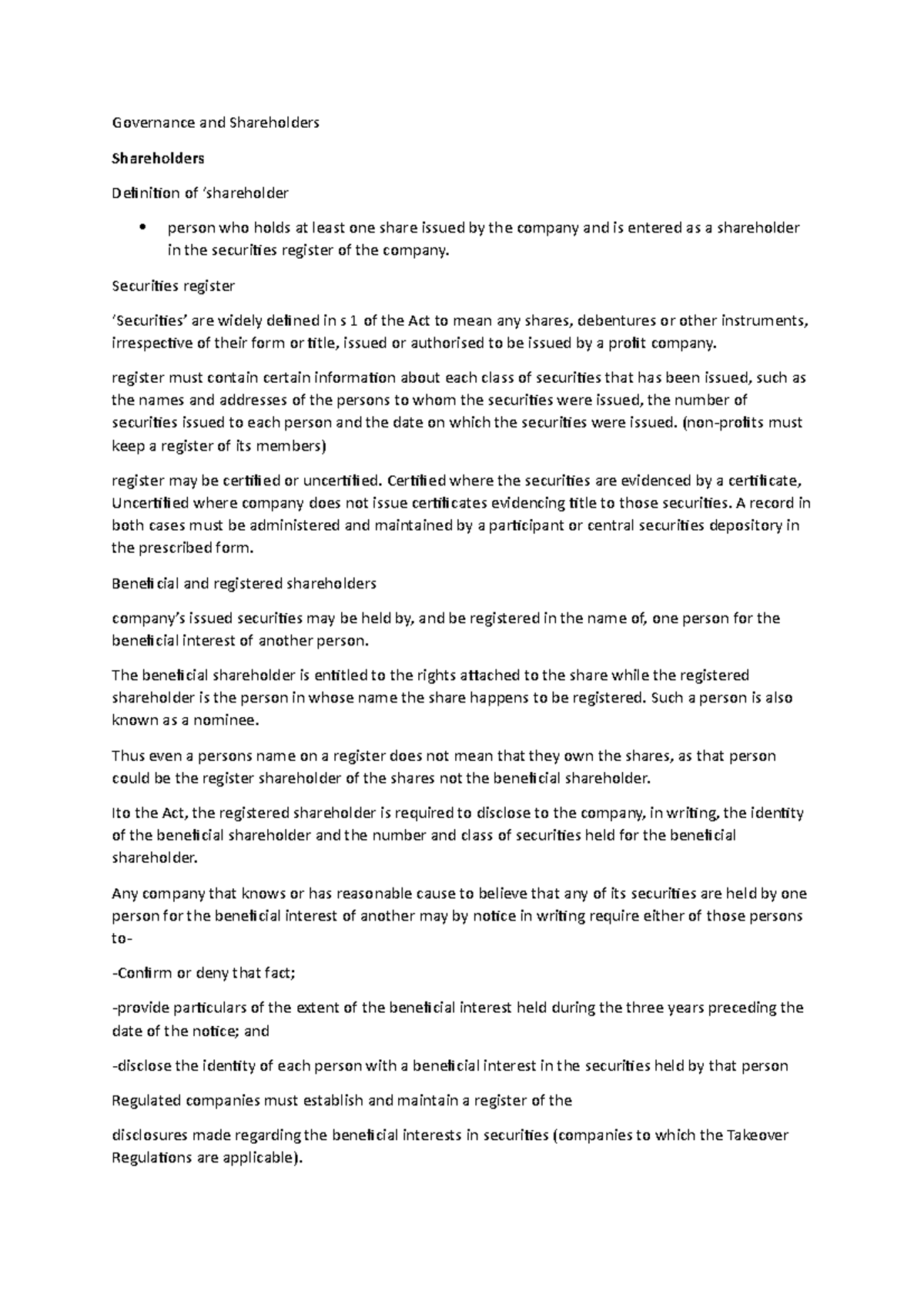 Business entities notes Governance and Shareholders Shareholders