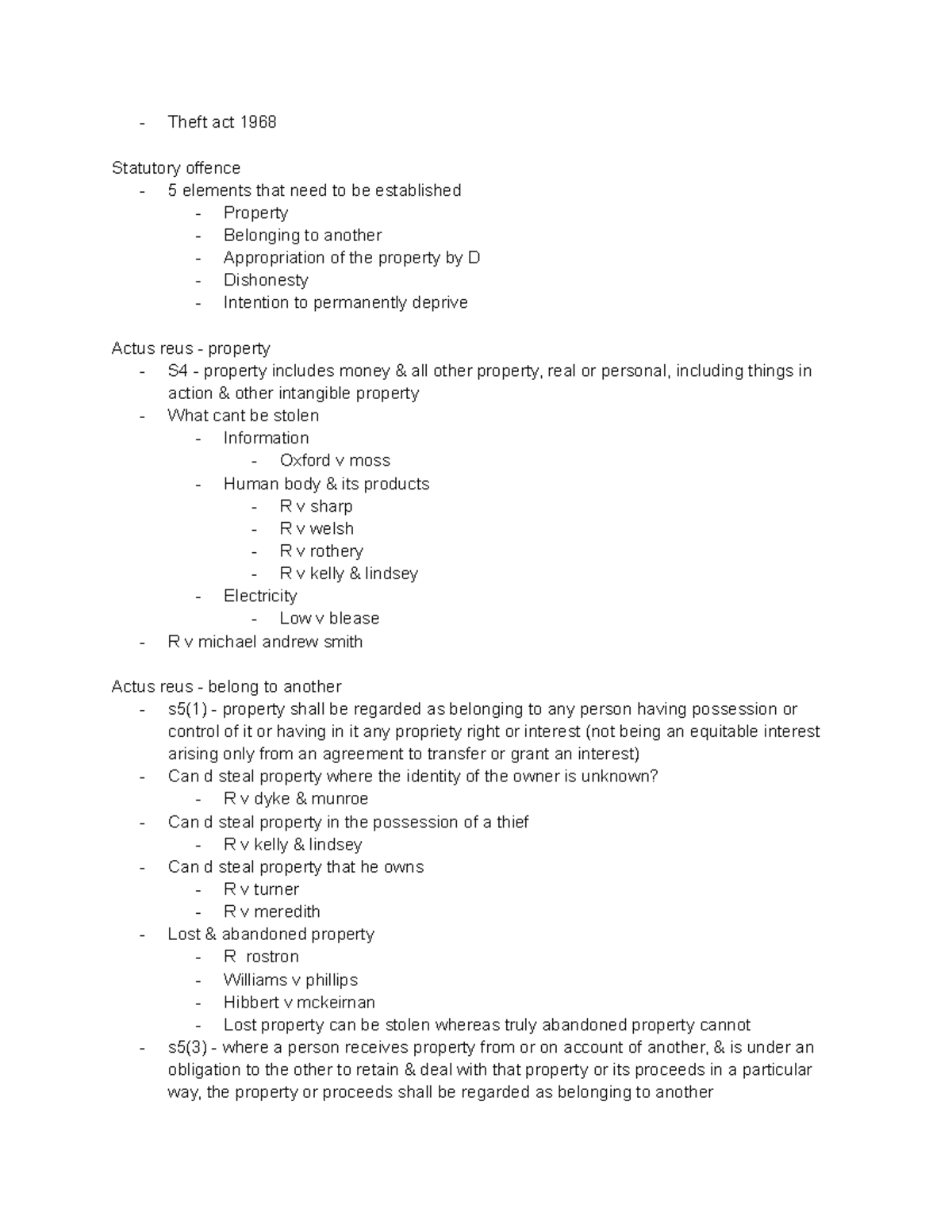 Theft Criminal Theft act 1968 Statutory offence 5 elements that