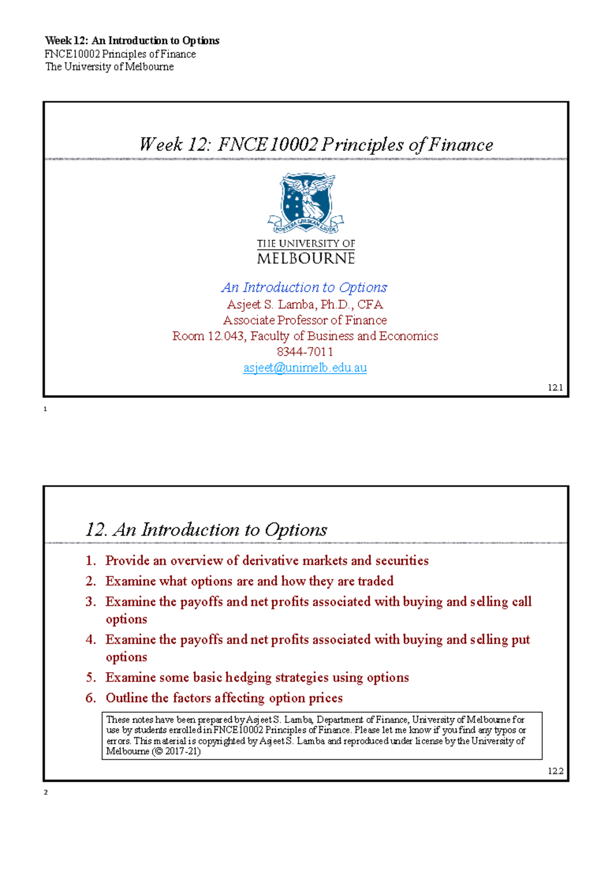 Lec12-Options-2perpage - FNCE10002 Principles of Finance The University ...