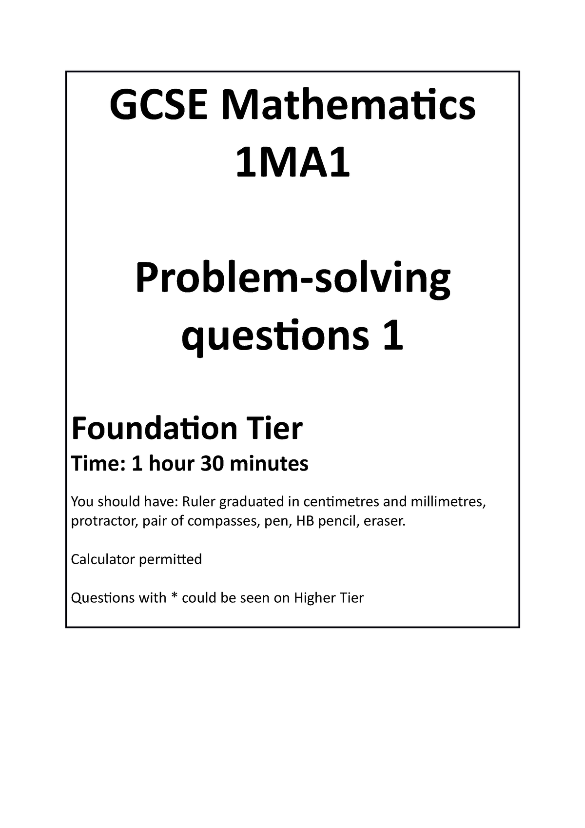 gcse mathematics 1ma1 problem solving questions 1 foundation tier