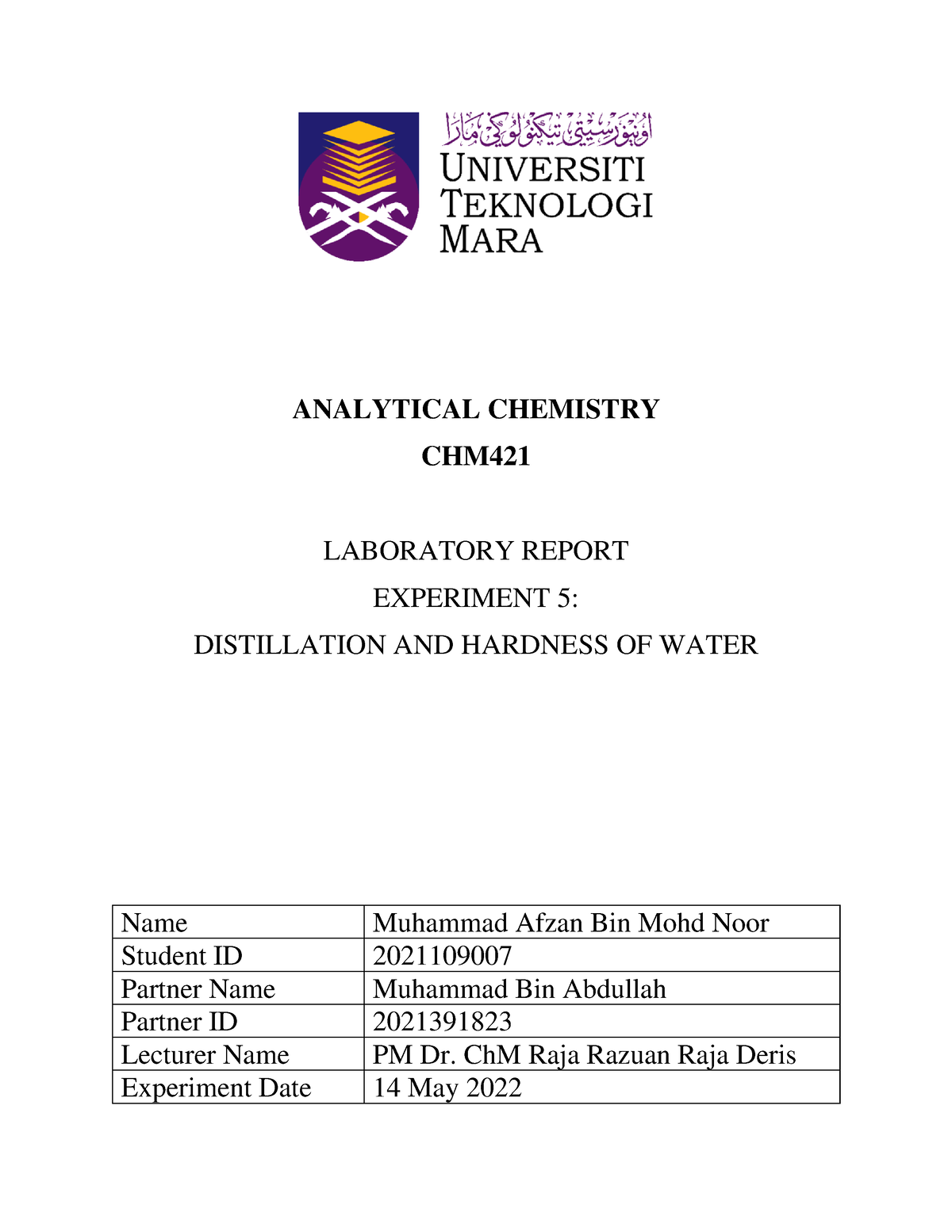 lab report experiment 5 chm421