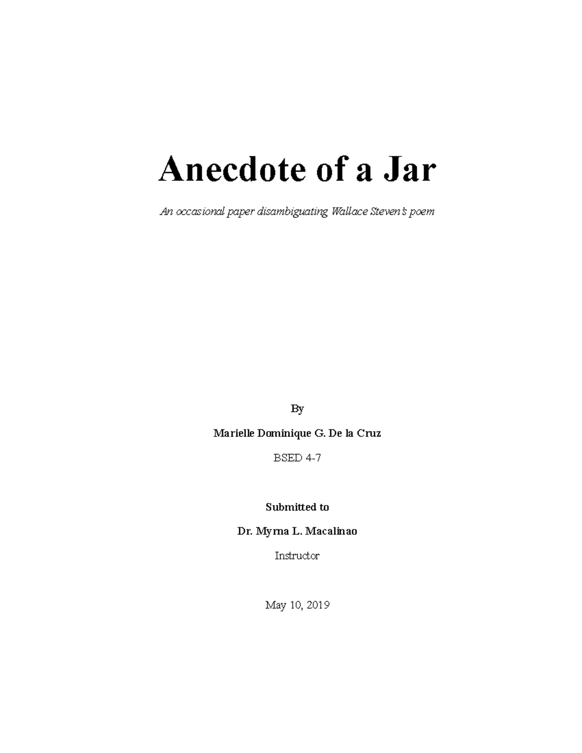 DisambiguationofWallaceStevens.docx Anecdote of a Jar An