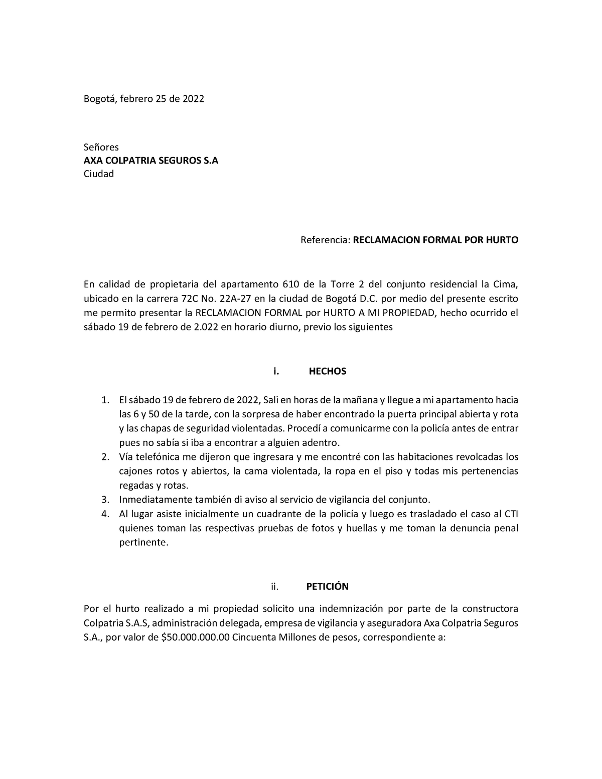 Axa Colpatria Seguros Sa Carta Robo Apto 610 Torre 2 Conjunto La Cima Bogot· Febrero 25 De 6236