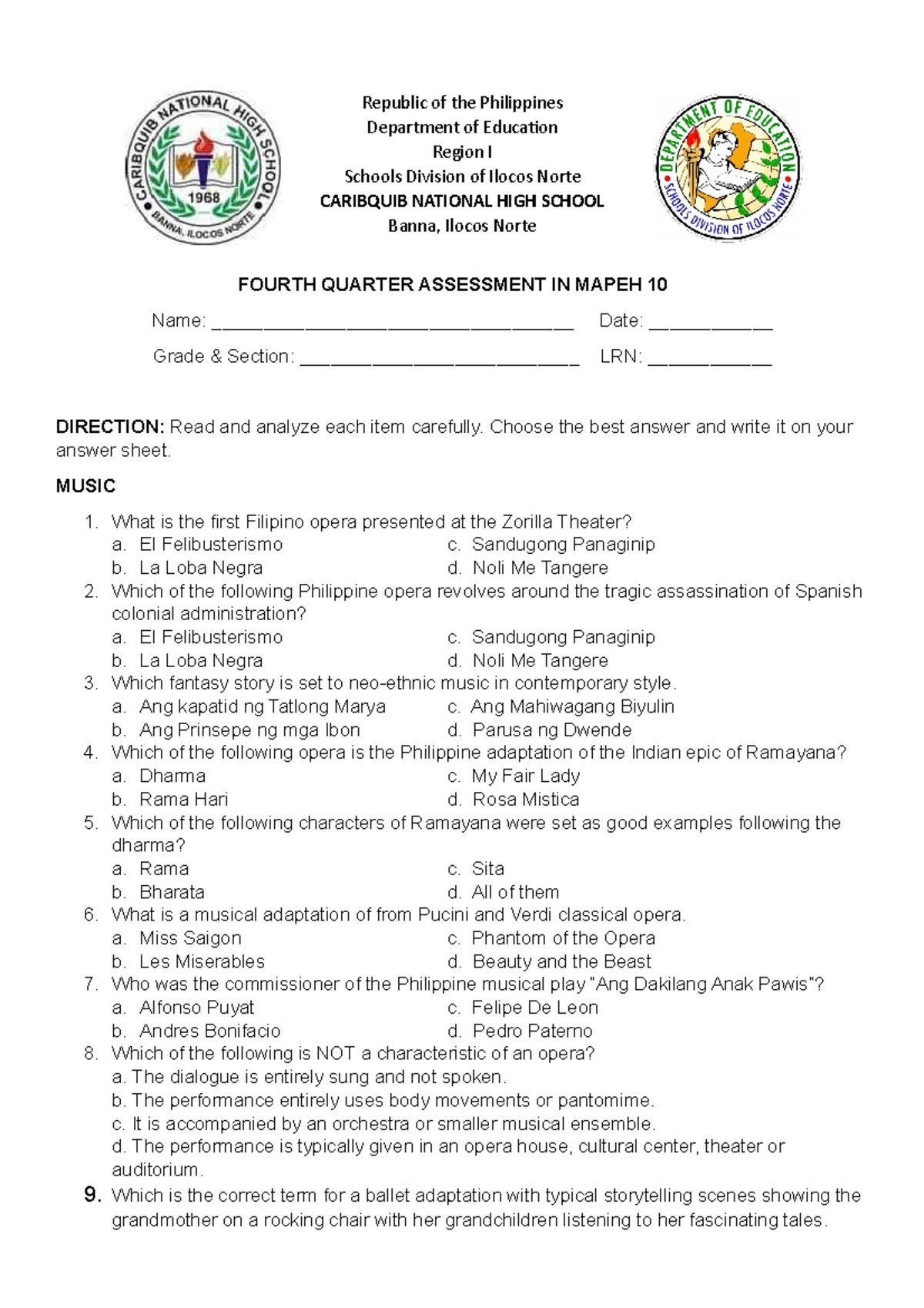 Q4 Assessment Mapeh 10 TQS - Republic Of The Philippines Department Of ...