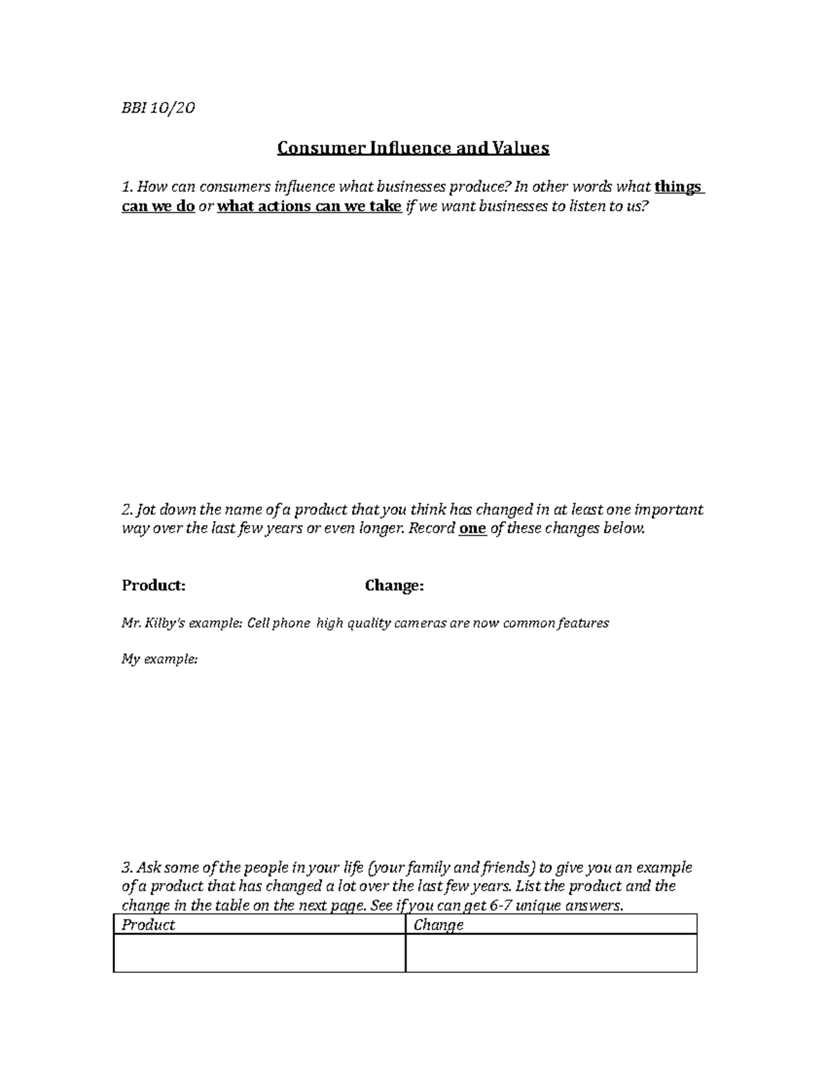 Consumer Influence activity - BBI 1O/2O Consumer Influence and Values ...
