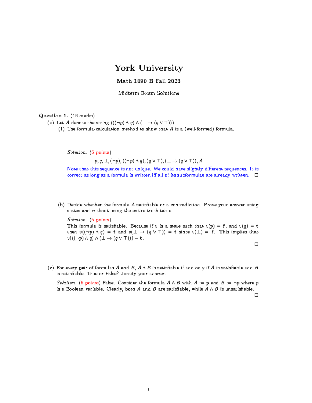Midterm 1090 Solutions - York University Math 1090 B Fall 2023 Midterm ...
