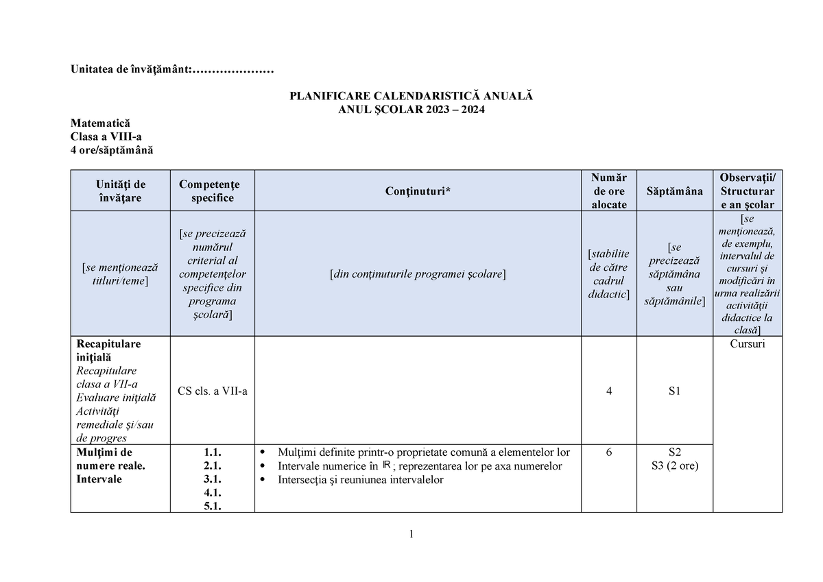 Mate.Info.Ro.5571 Planificare 2023-2024 - Matematica - Clasa A VIII-A ...