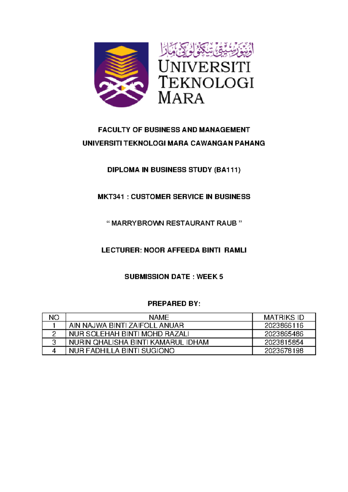 Mkt341 (1) - First assignment - FACULTY OF BUSINESS AND MANAGEMENT ...