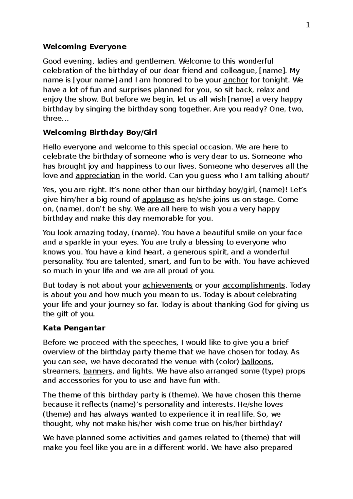 Bday script - sceript - Welcoming Everyone Good evening, ladies and ...