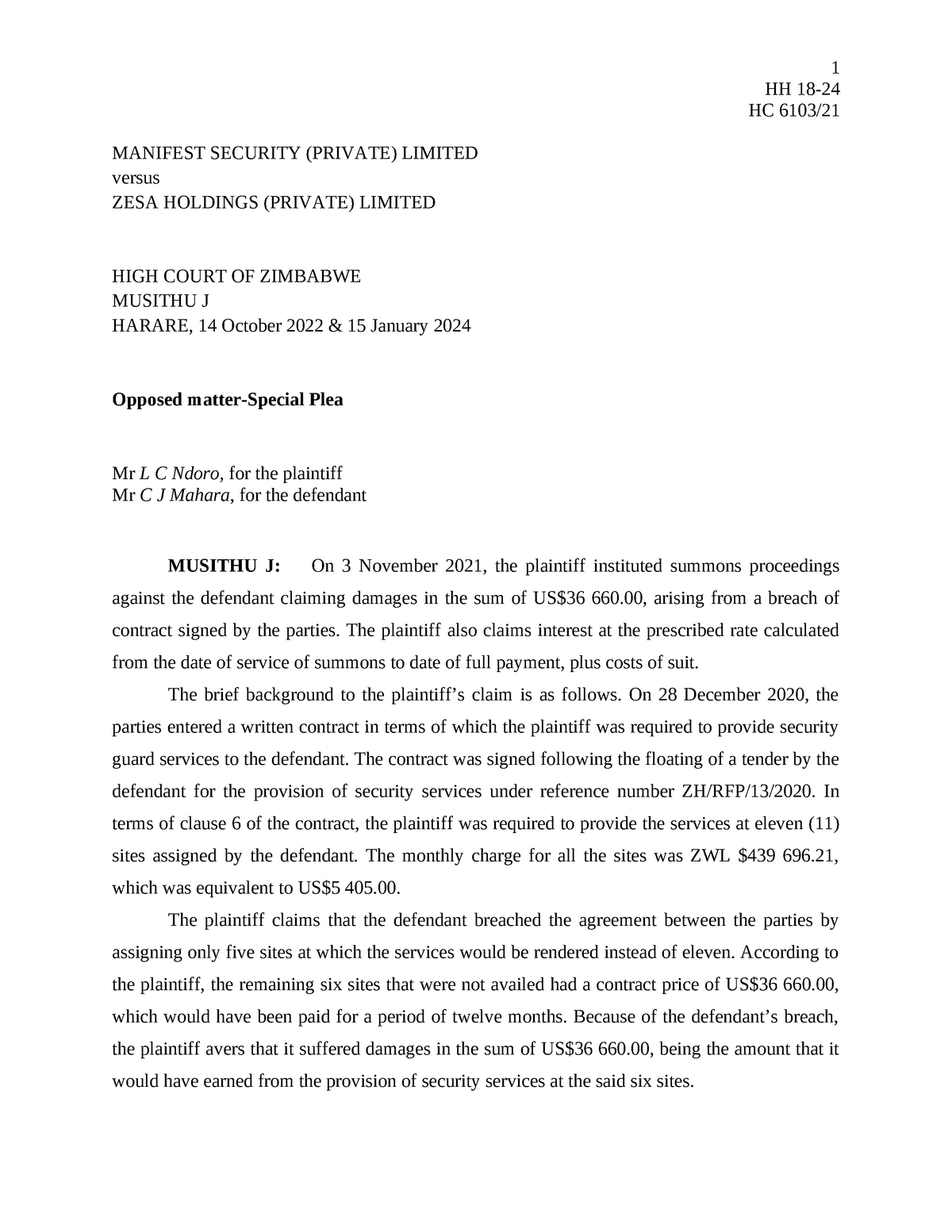 Manifest Security (Private) Limited V ZESA Holdings (Private) Limited ...