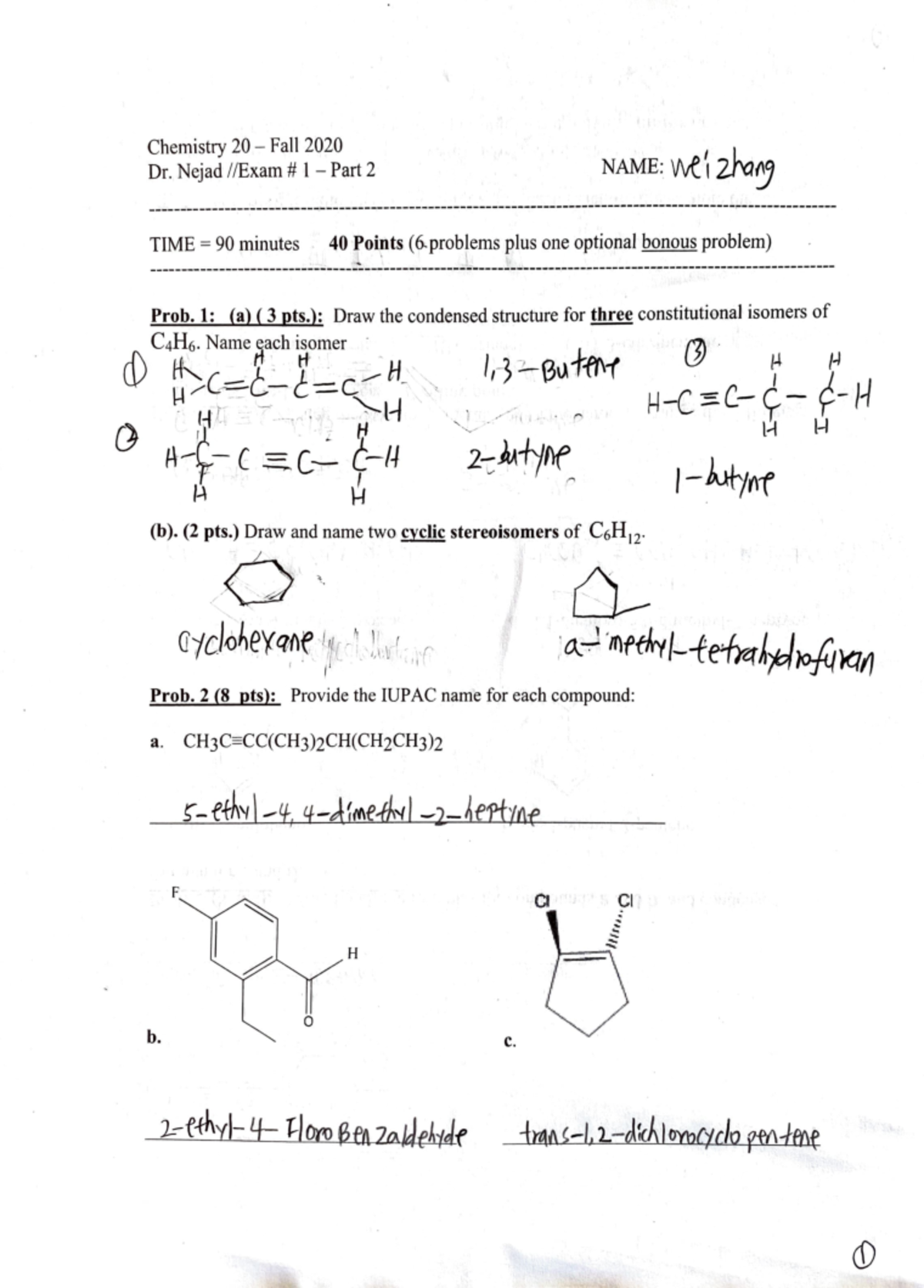 Exam 1 - Exam 1 for chem 20 - Chemistry 20 - Fall 2020 Dr. Nejad //Exam ...