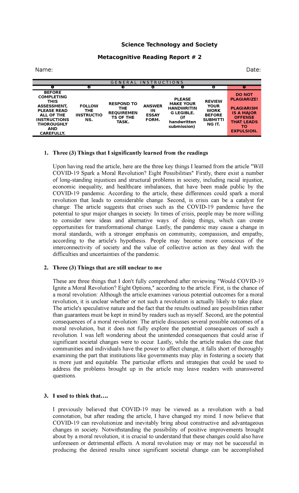 assignment 2 metacognitive reading report