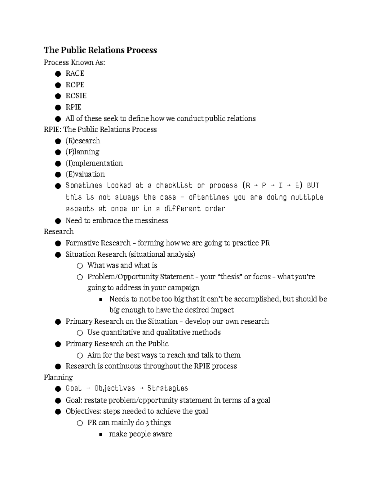 Public Relations Unit 2 Notes The Public Relations Process Process