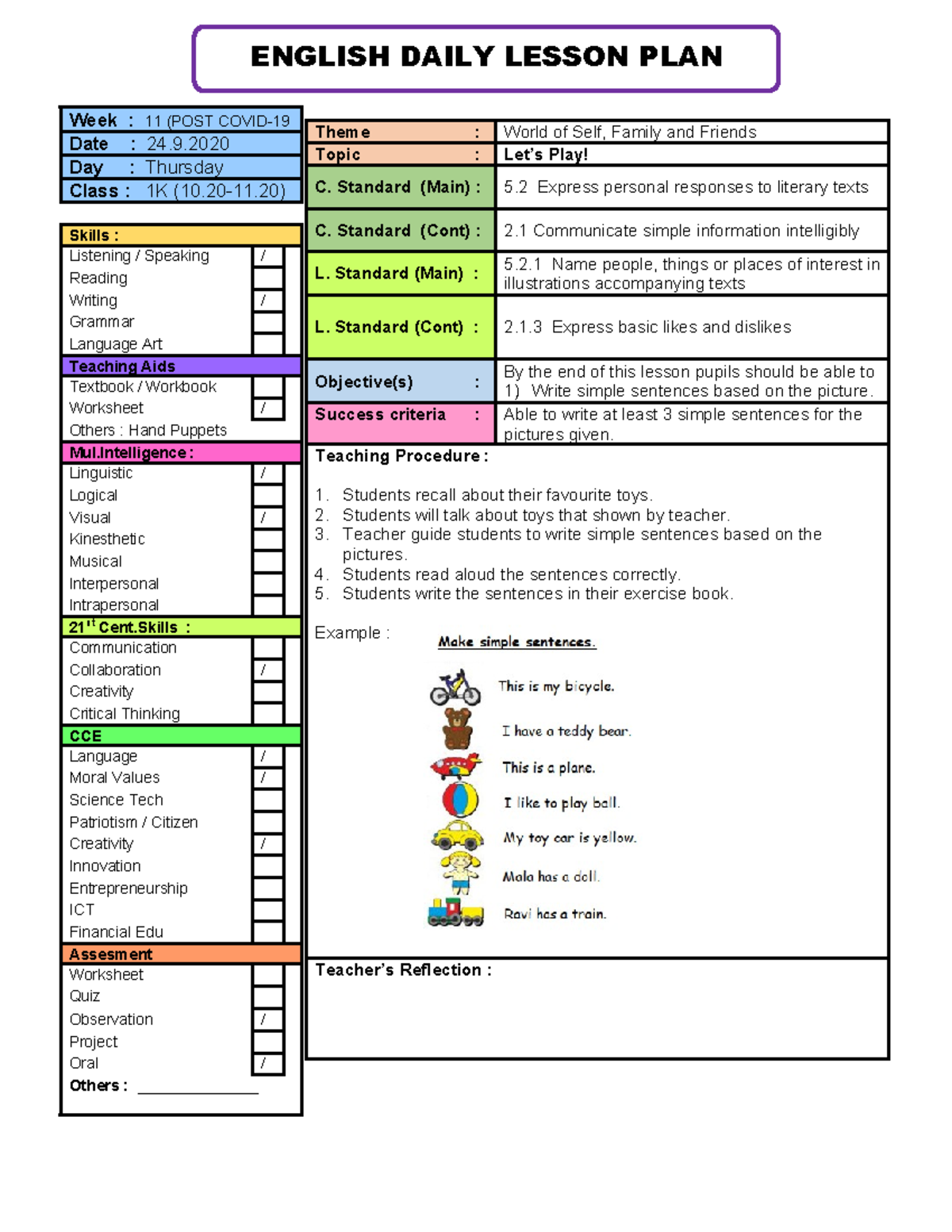 English Daily Lesson PLAN 24.9.2020 1K - ENGLISH DAILY LESSON PLAN ...