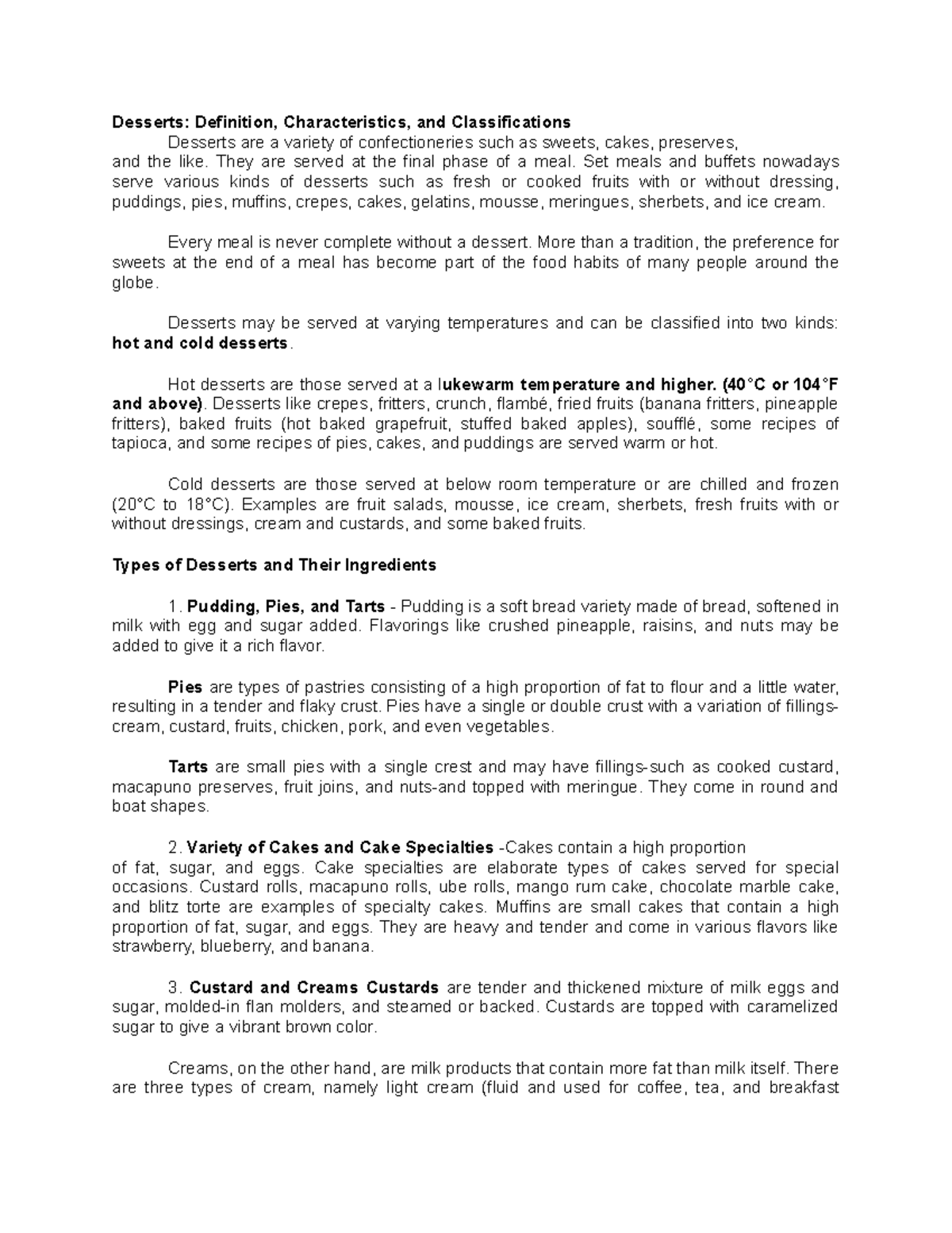 TLE Reviewer LESSONS IN TLE HIGHSCHOOL Desserts Definition