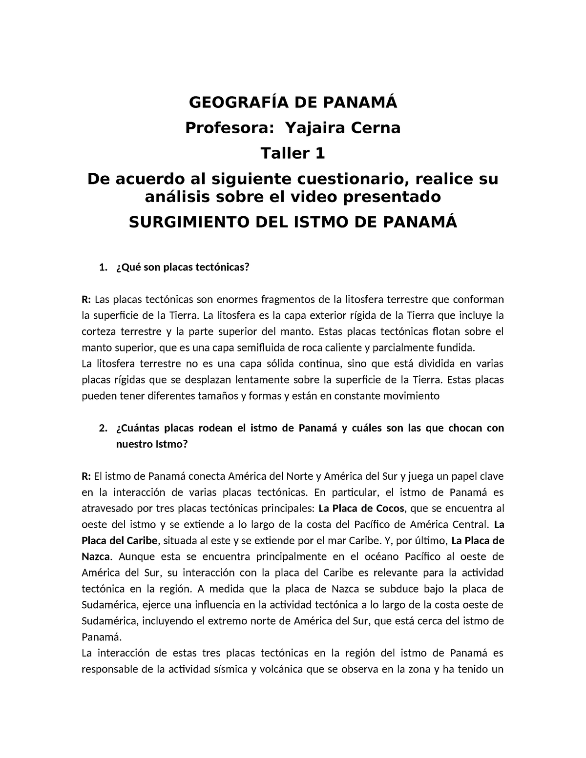 Taller 2 Geo Surgimiento Del Istmo GeografÍa De PanamÁ Profesora Yajaira Cerna Taller 1 De 7391