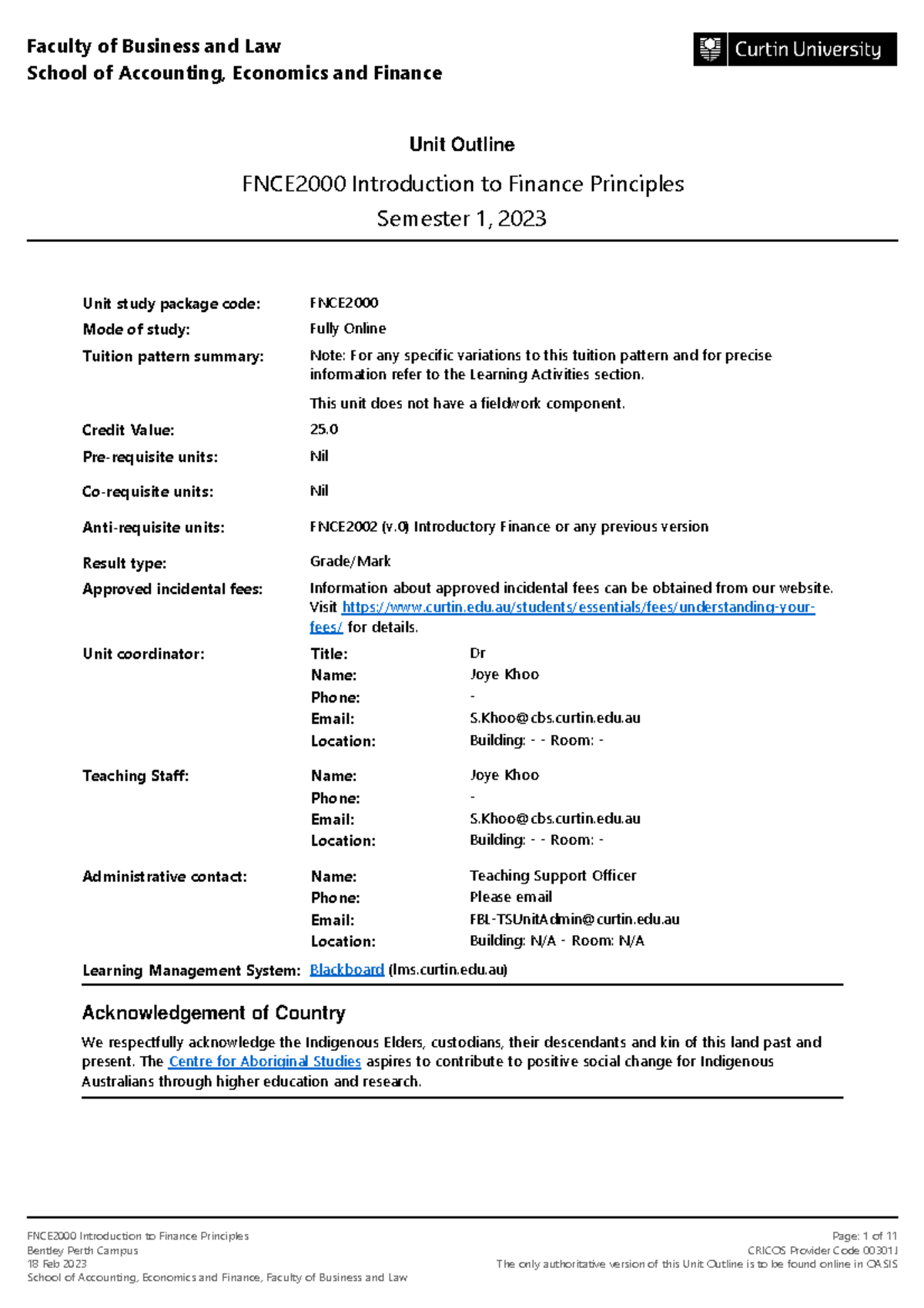 FNCE2000 Introduction to Finance Principles Semester 1 2023 Bentley ...