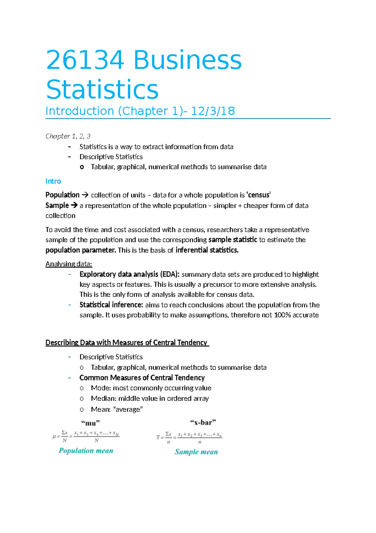 Full Business Statistics Notes - 26134 Business Statistics Introduction ...