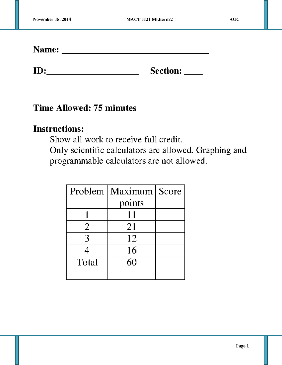 Mact 1121, Fall 2014 , Midterm 2 - Name ...