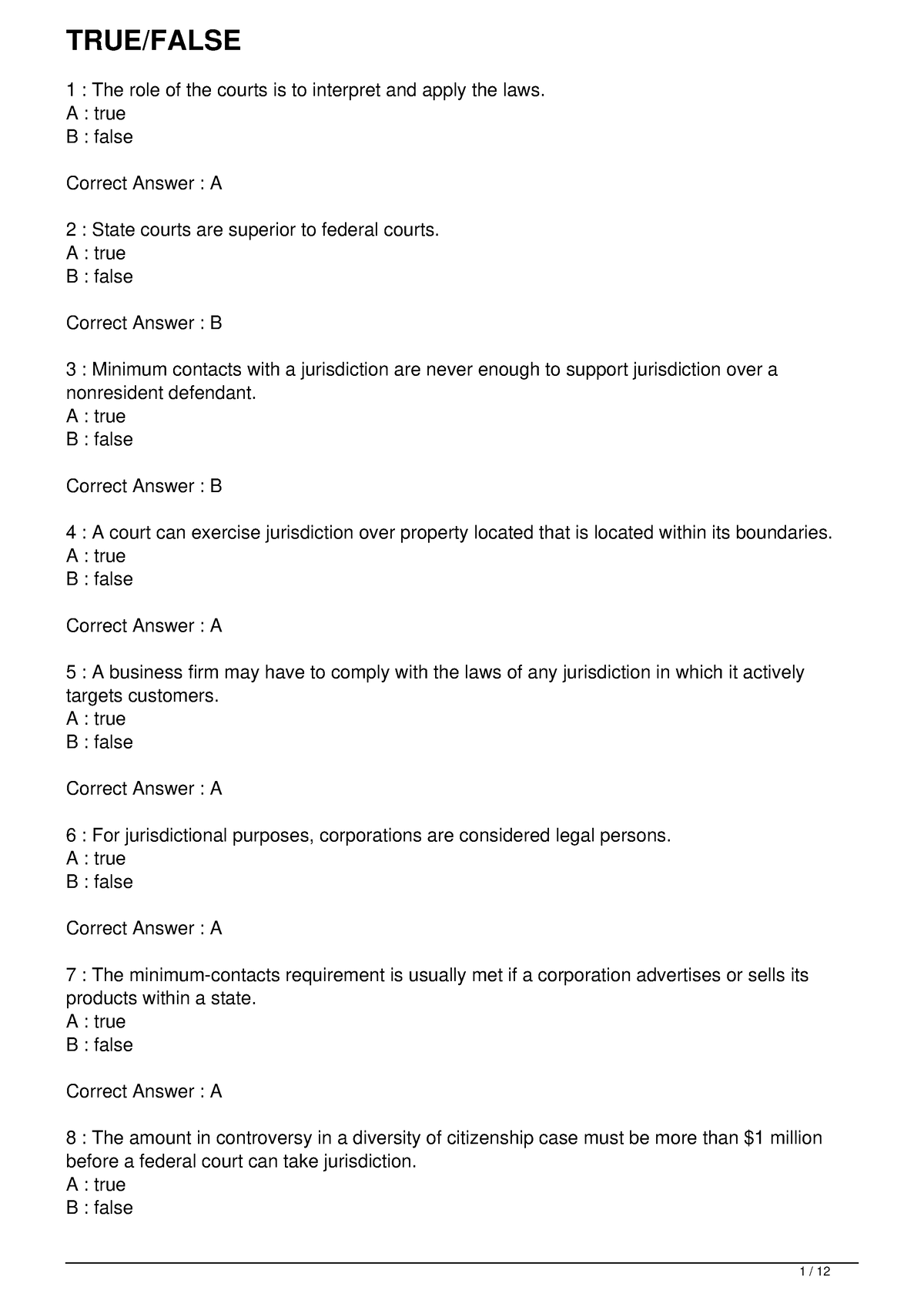 Chapter 02 Courts And Alternative Dispute Resolution - TRUE/FALSE 1 ...