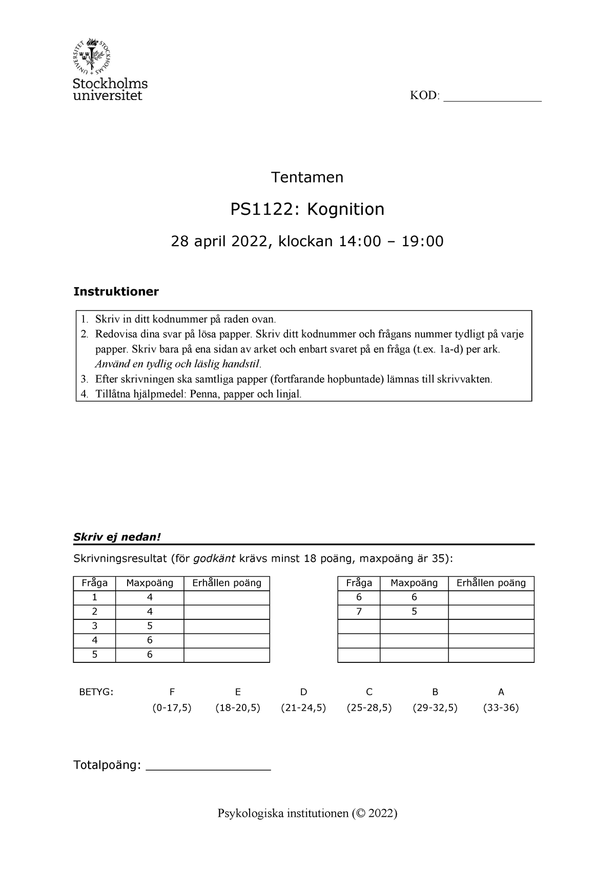 Kognition - Psy I - VT22 - KOD: ________________ Tentamen PS1122 ...